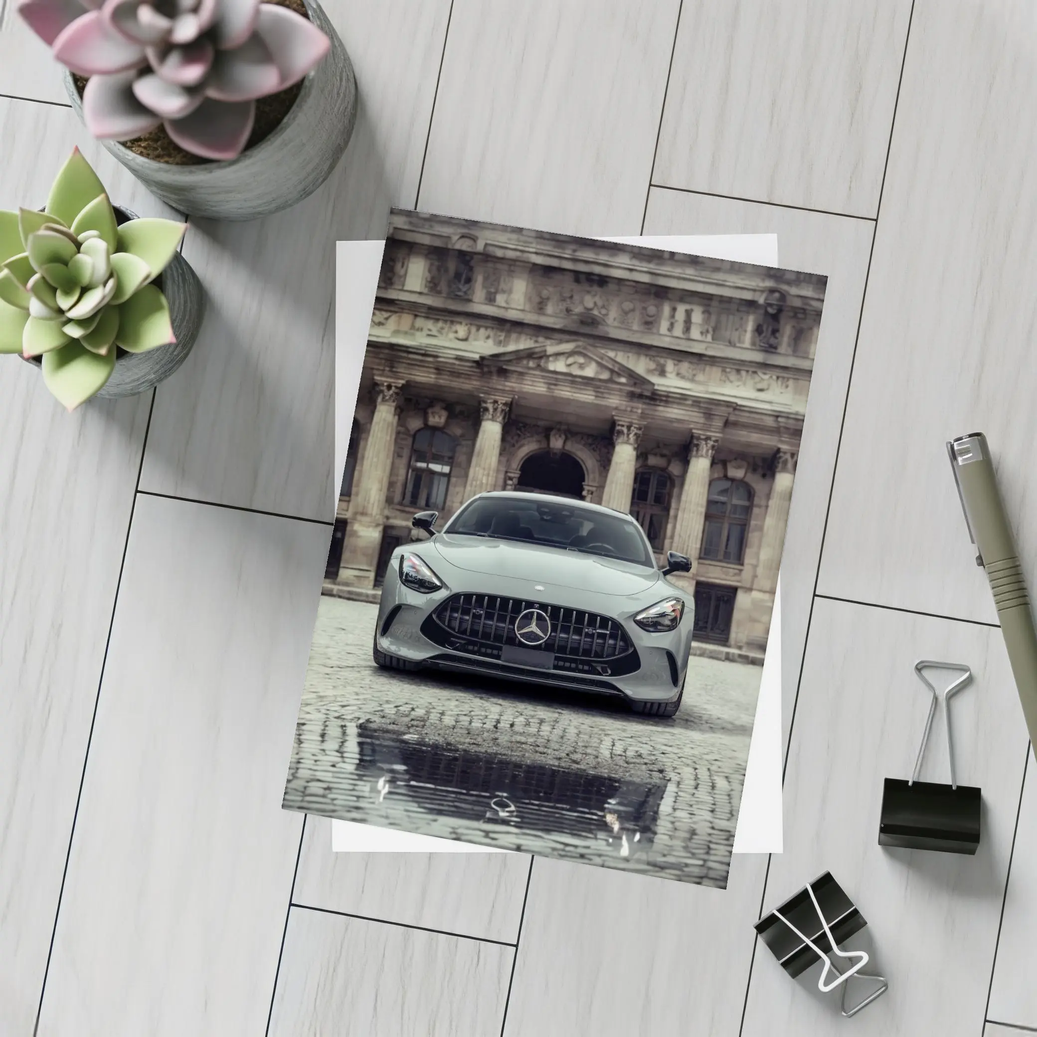 Mercedes AMG GT Front View Cobblestone Building – Postcards