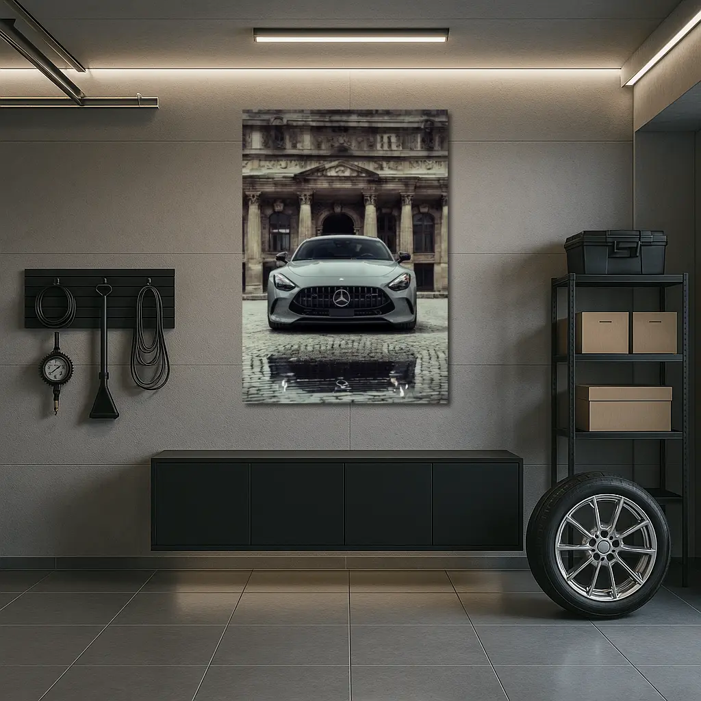 Mercedes AMG GT Front View Cobblestone Building – Wall Art