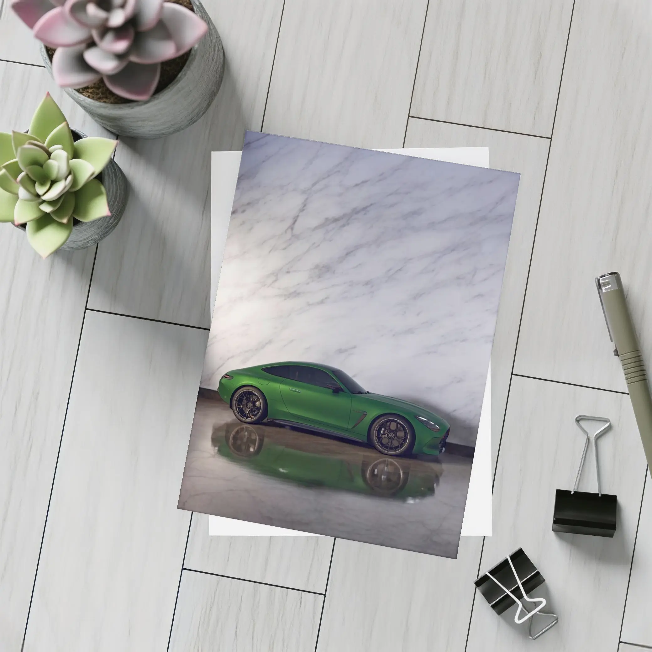 Mercedes AMG GT Green Against Marble Wall – Postcards