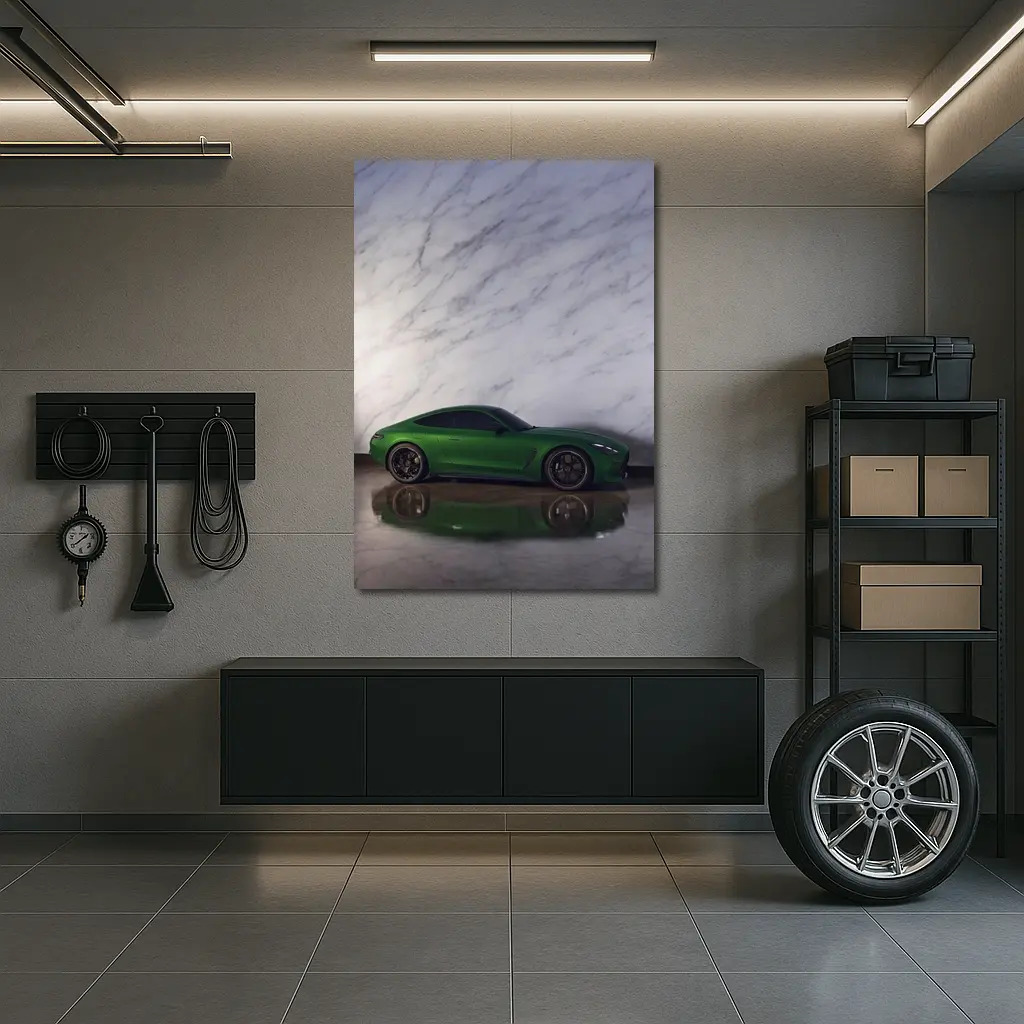 Mercedes AMG GT Green Against Marble Wall – Wall Art