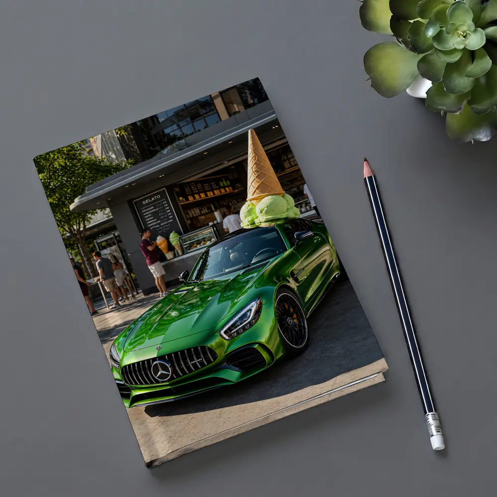 Mercedes AMG GT Green Outside Gelato Shop – Notebooks