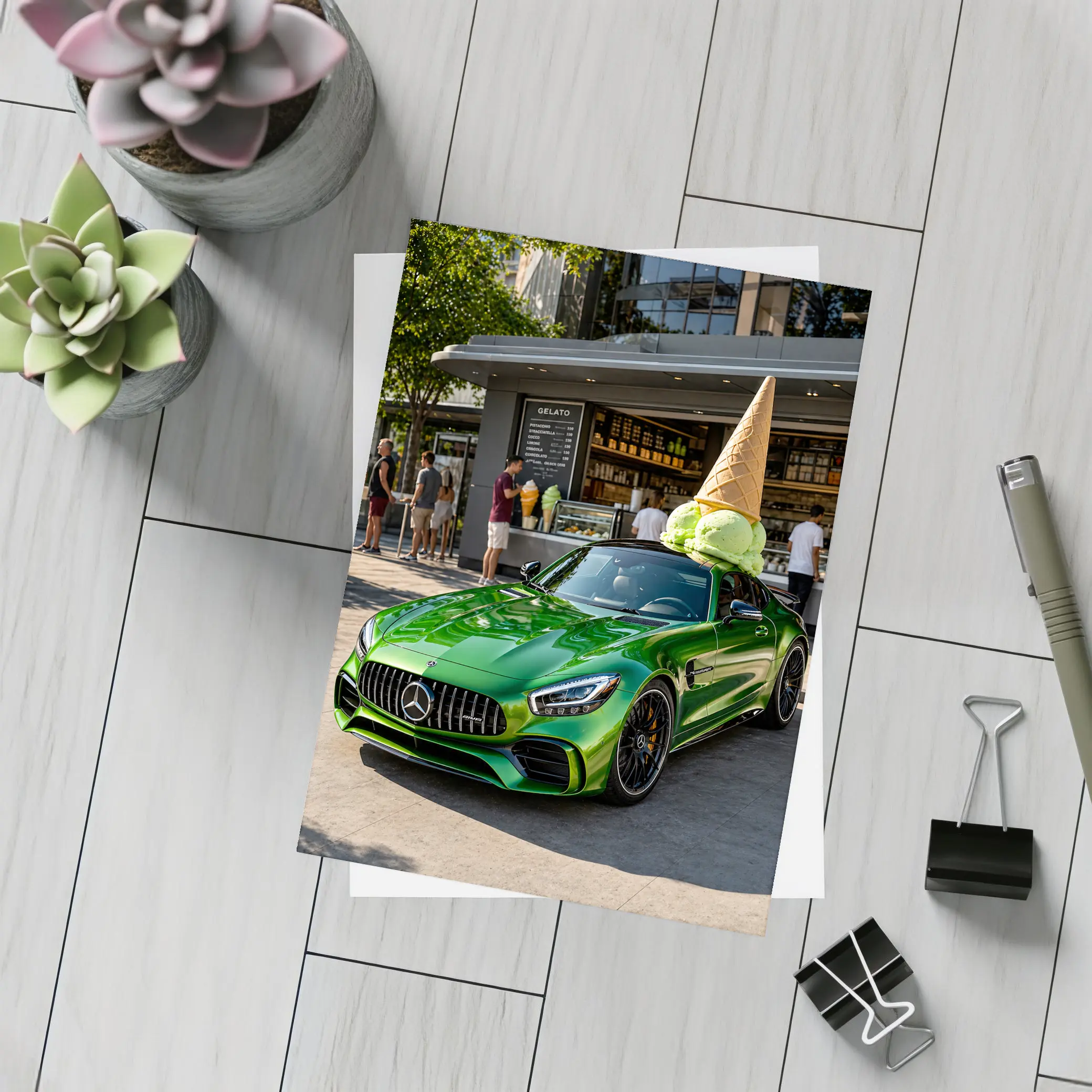 Mercedes AMG GT Green Outside Gelato Shop – Postcards