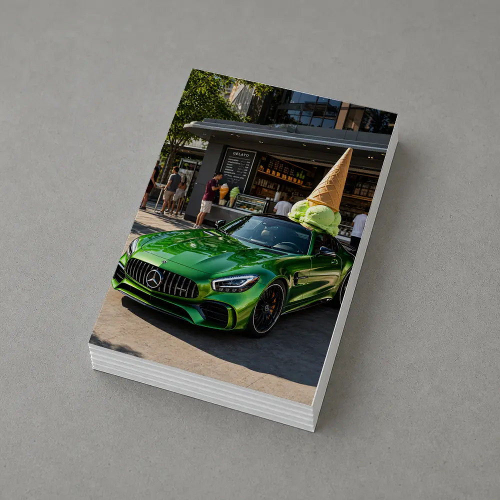 Mercedes AMG GT Green Outside Gelato Shop – Postcards