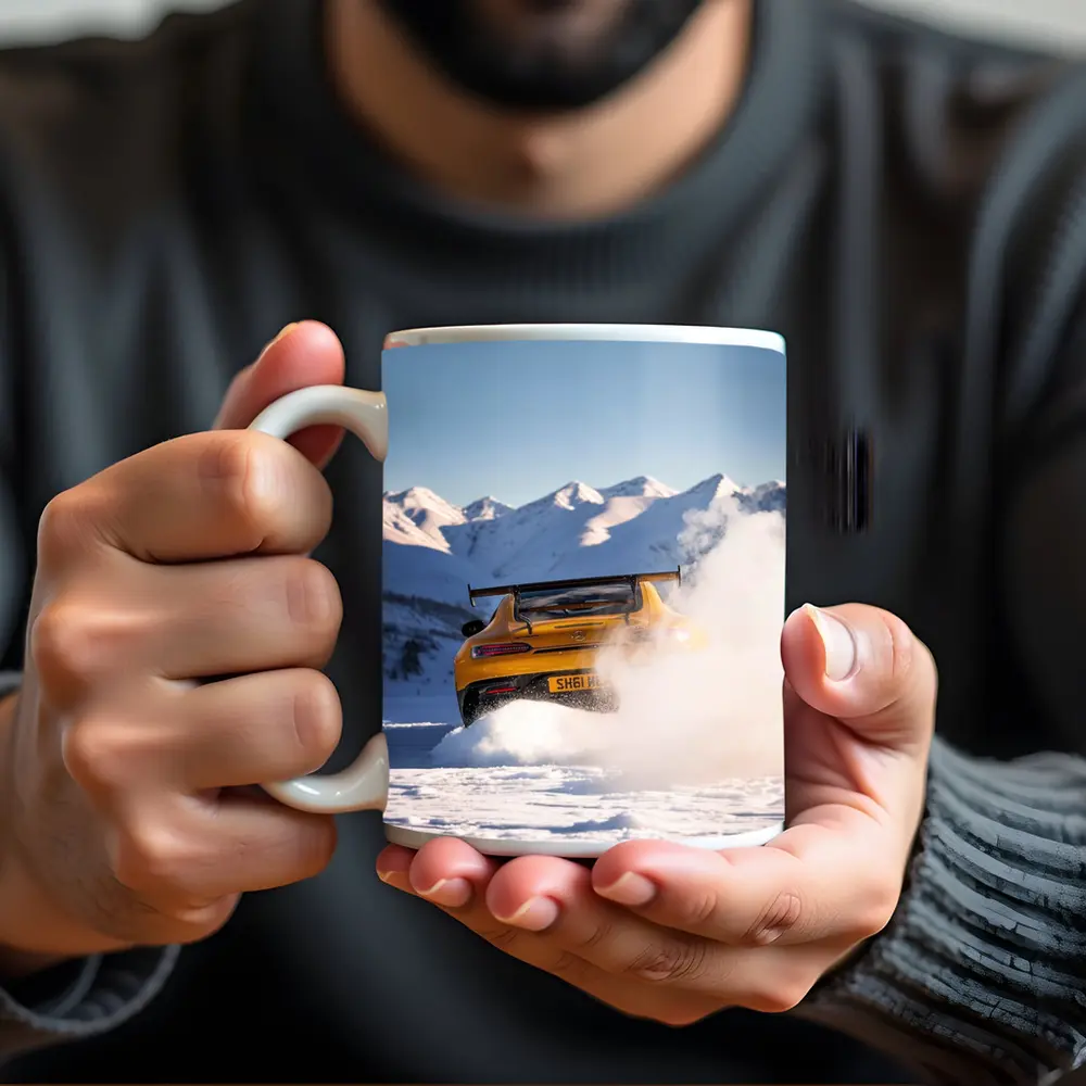 Mercedes AMG GT Drifting Snowy Mountain Landscape – Mugs