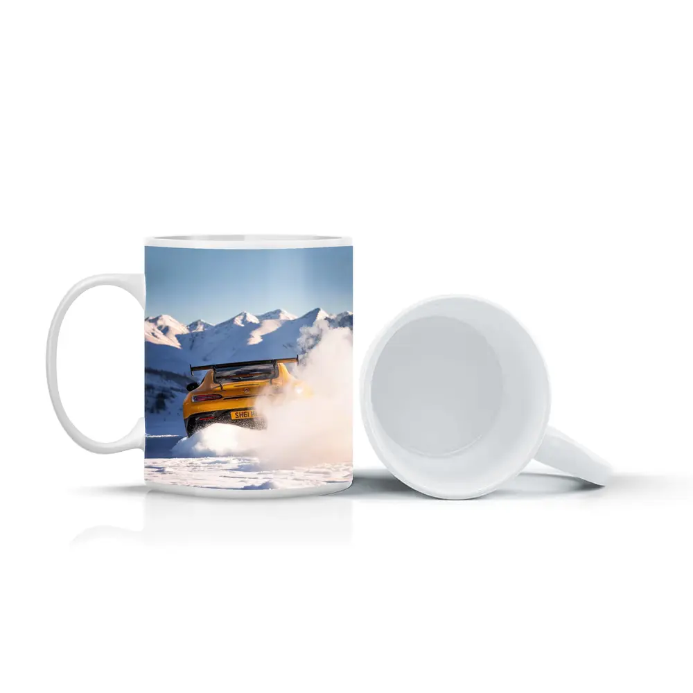 Mercedes AMG GT Drifting Snowy Mountain Landscape – Mugs
