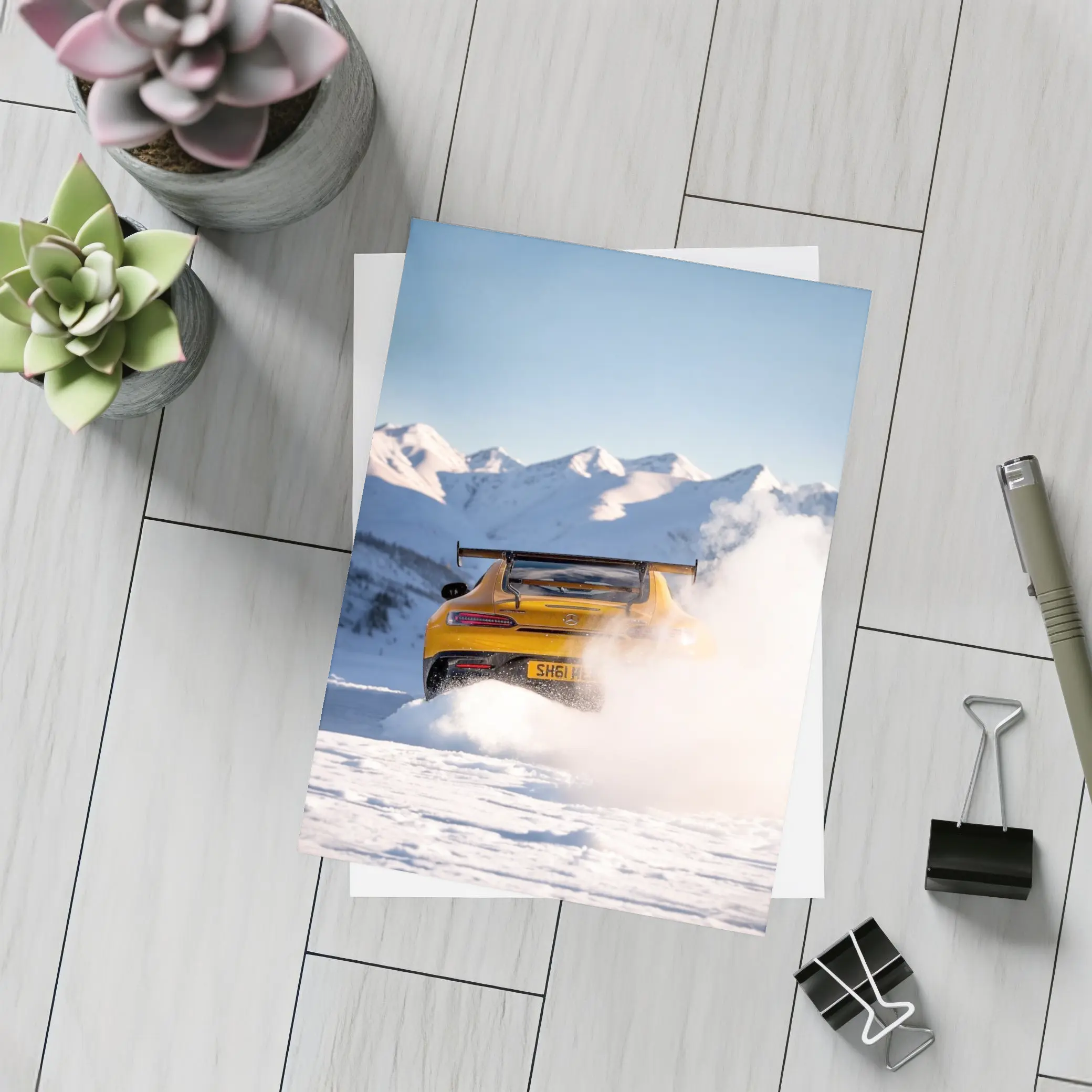 Mercedes AMG GT Drifting Snowy Mountain Landscape – Postcards