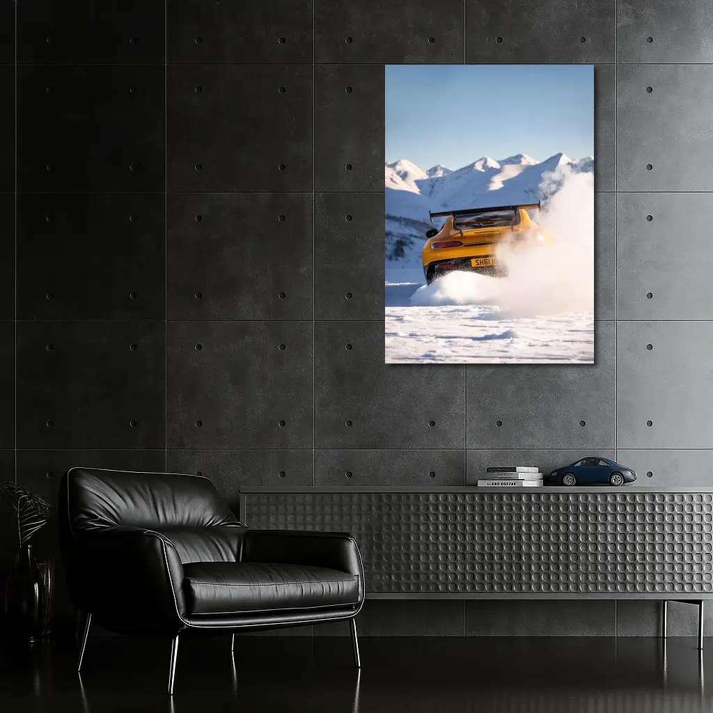 Mercedes AMG GT Drifting Snowy Mountain Landscape – Wall Art