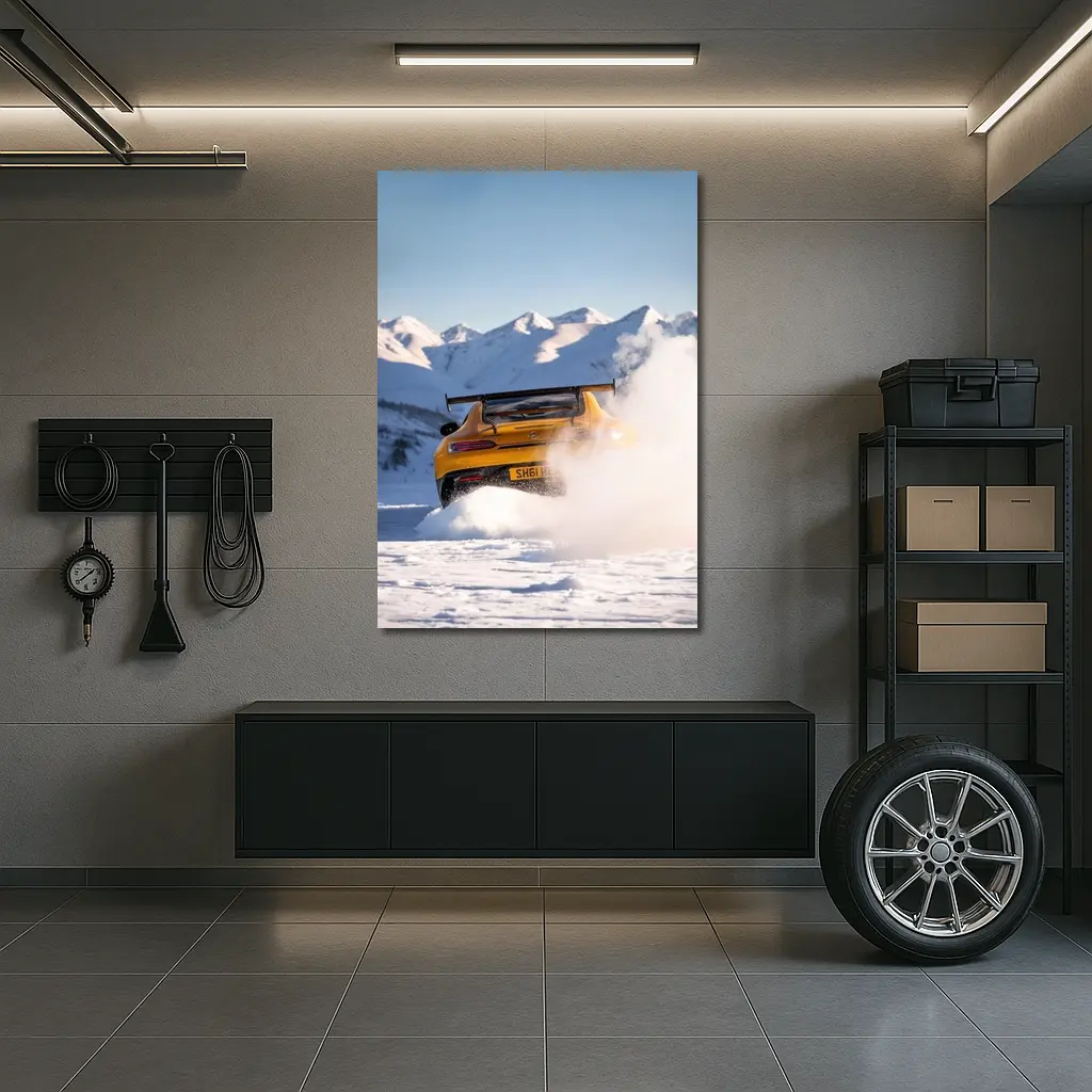 Mercedes AMG GT Drifting Snowy Mountain Landscape – Wall Art