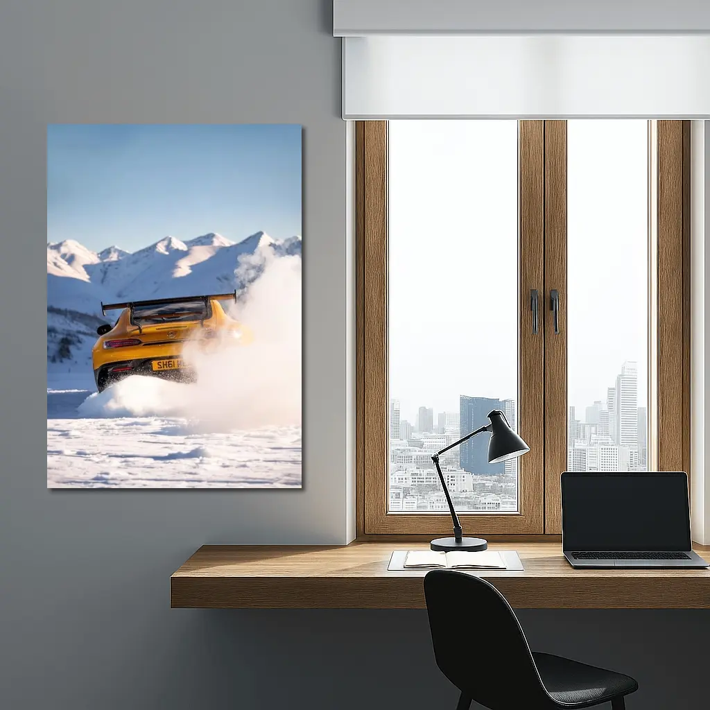 Mercedes AMG GT Drifting Snowy Mountain Landscape – Wall Art
