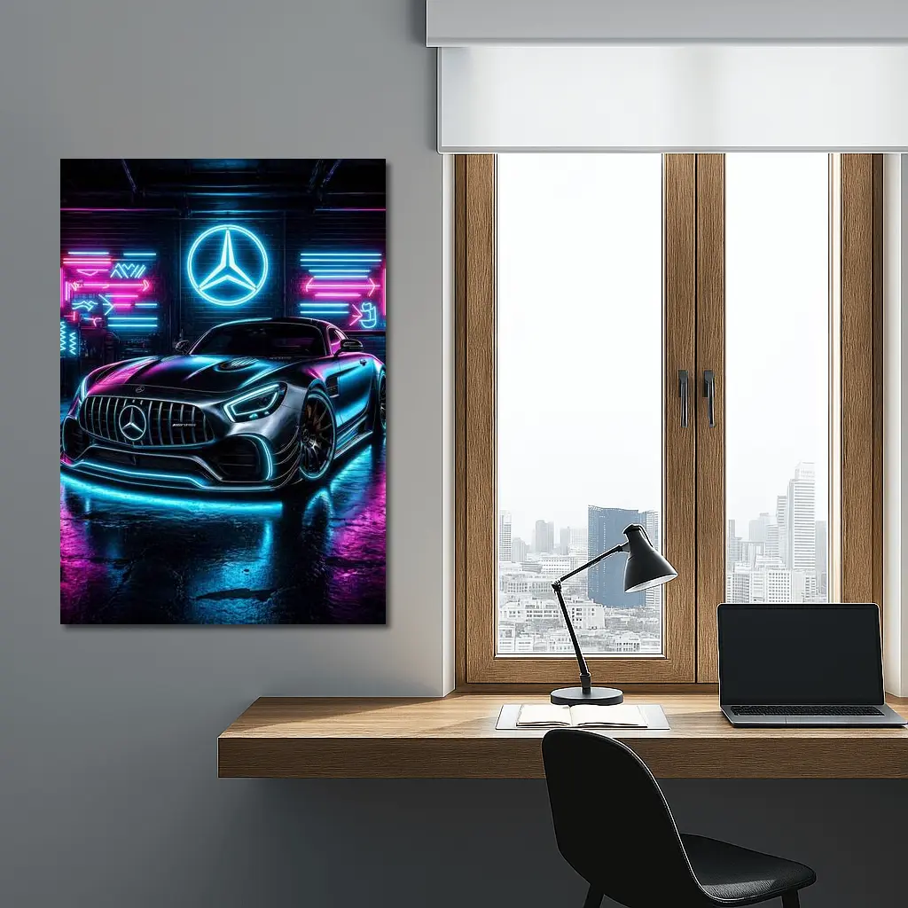 Mercedes-AMG GT Neon Garage Dark Background – Wall Art