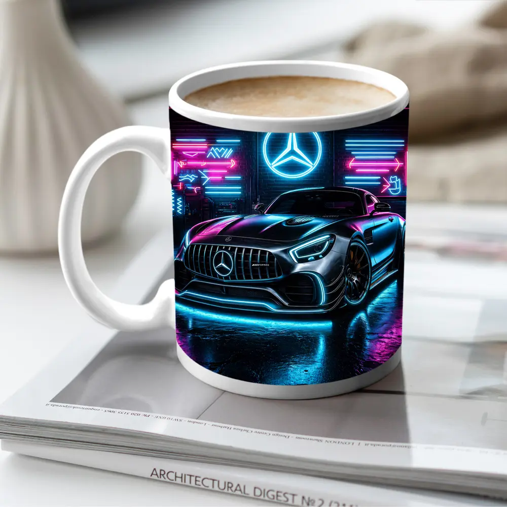 Mercedes AMG GT Neon Garage Dark Background – Mugs