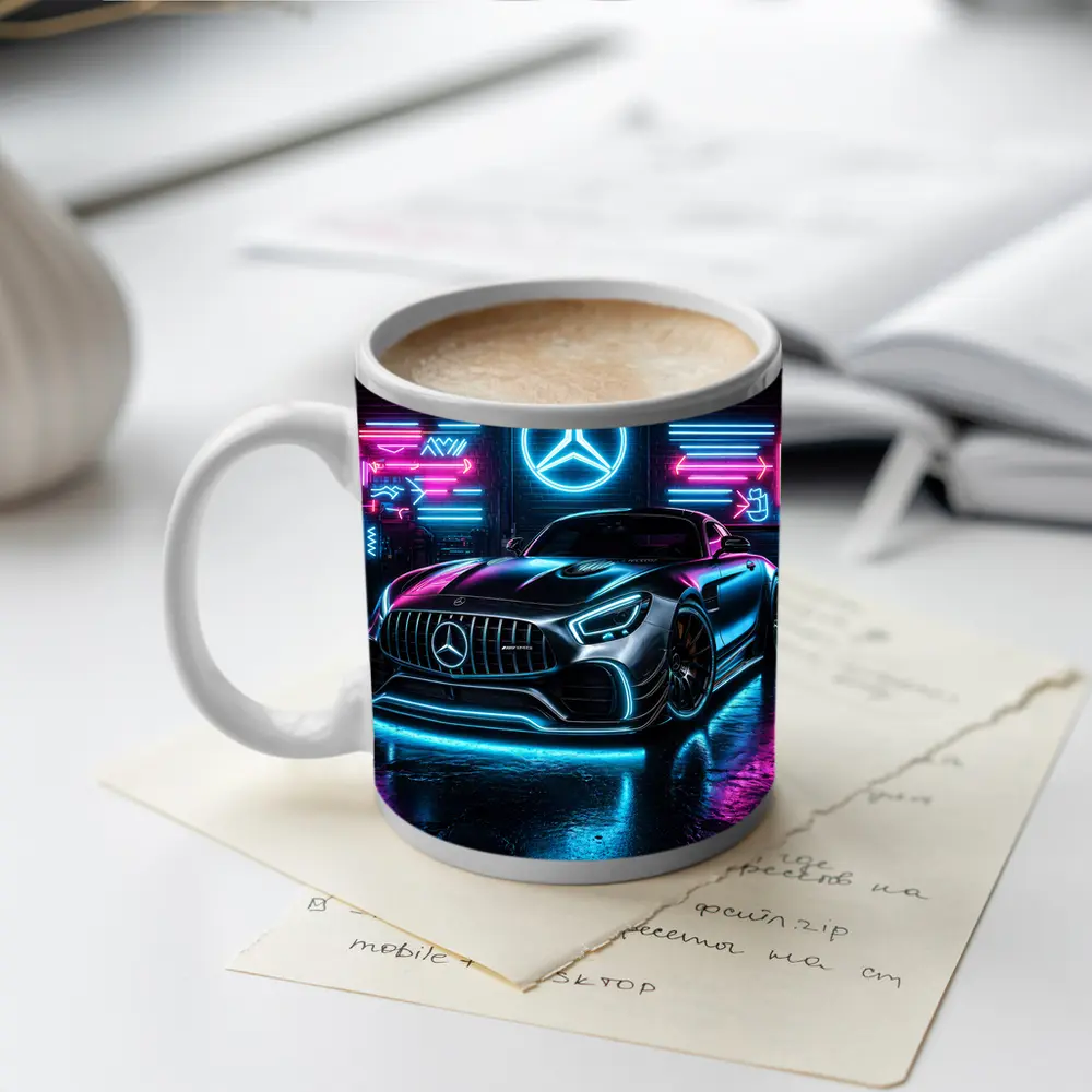 Mercedes AMG GT Neon Garage Dark Background – Mugs