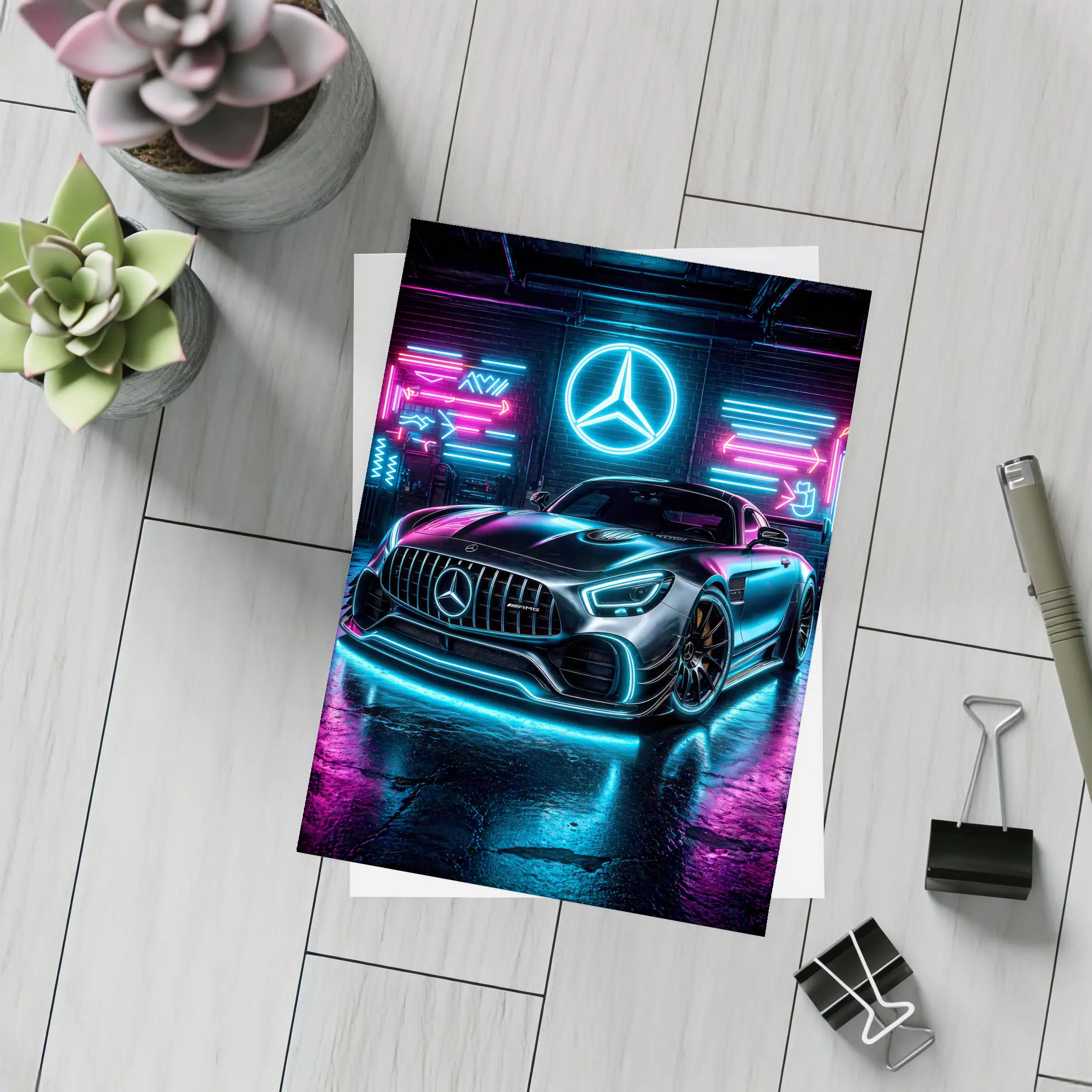 Mercedes AMG GT Neon Garage Dark Background – Postcards