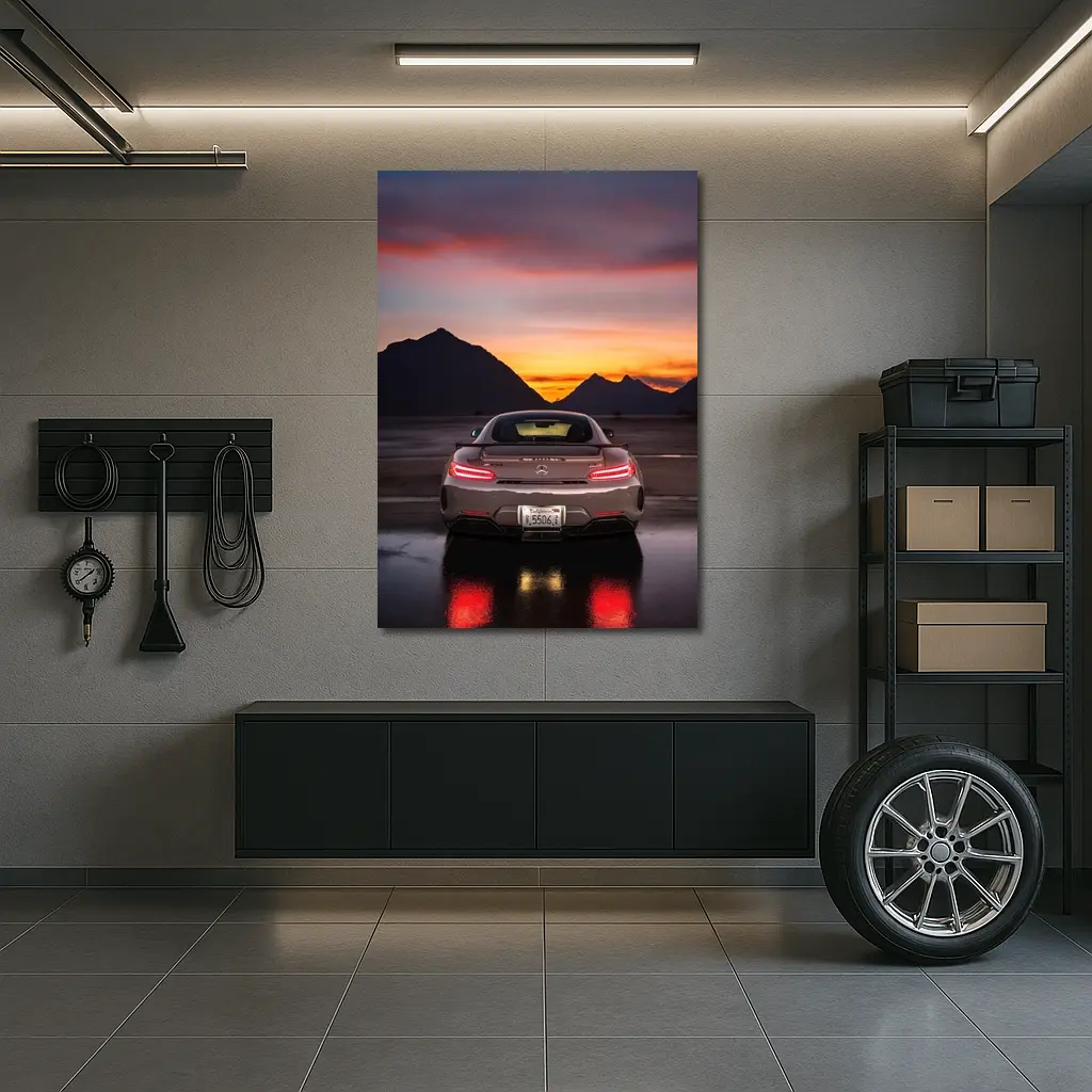Mercedes AMG GT R Sunset Mountains Rear – Wall Art