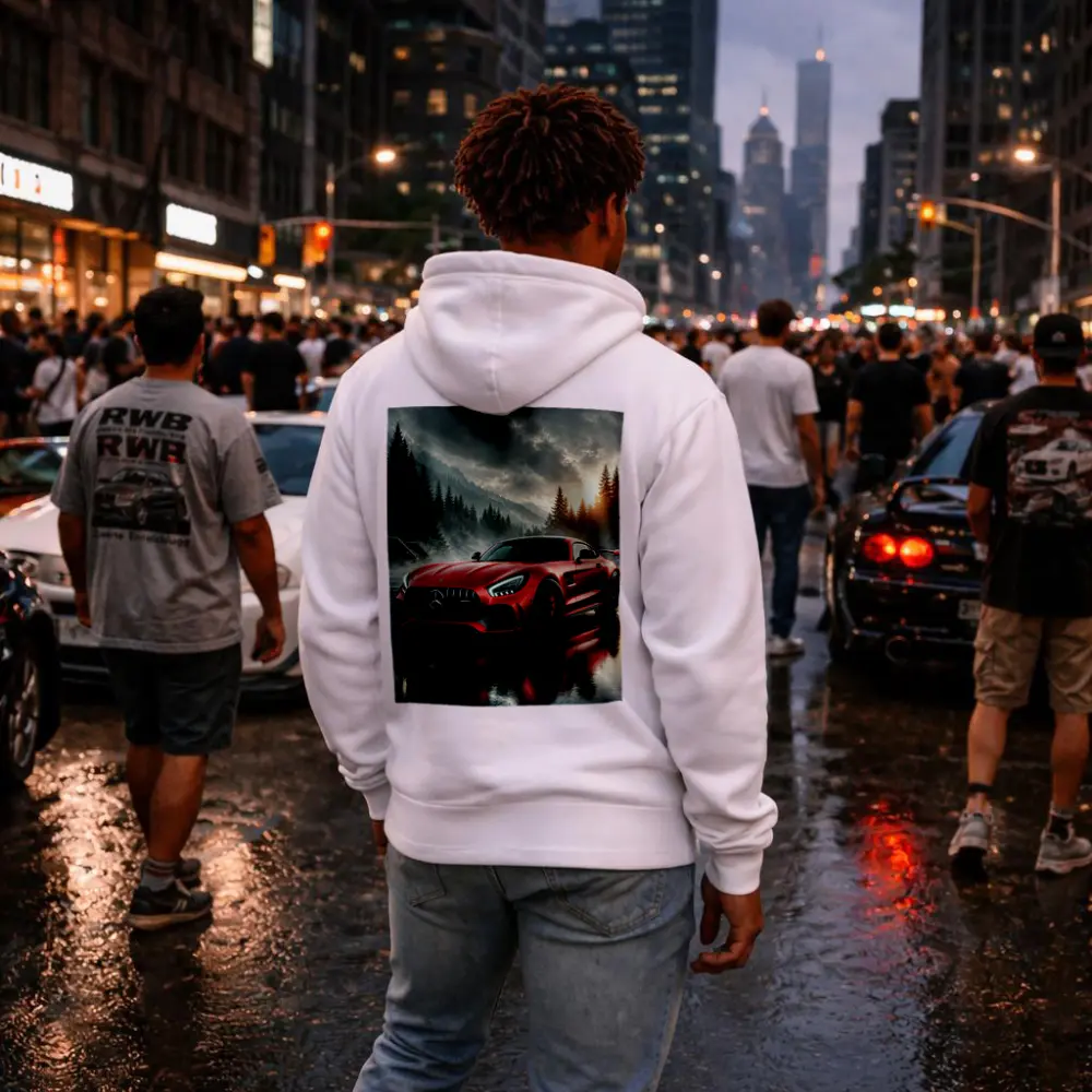 Mercedes AMG GT Red Rainy Mountain Setting – Hoodies