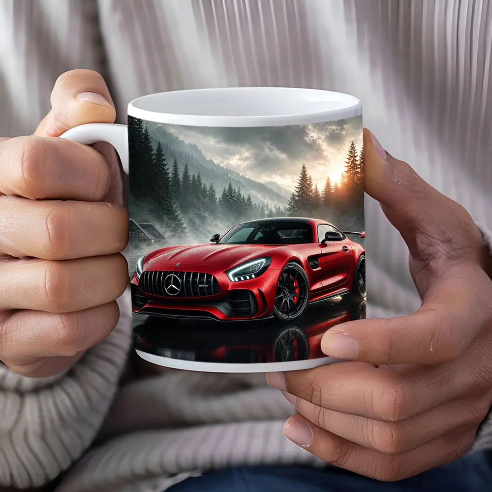 Mercedes AMG GT Red Rainy Mountain Setting – Mugs