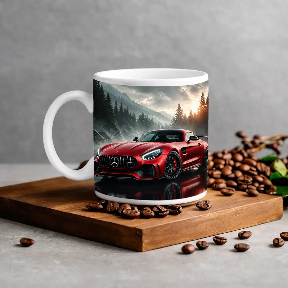 Mercedes AMG GT Red Rainy Mountain Setting – Mugs