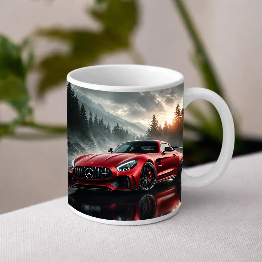 Mercedes AMG GT Red Rainy Mountain Setting – Mugs