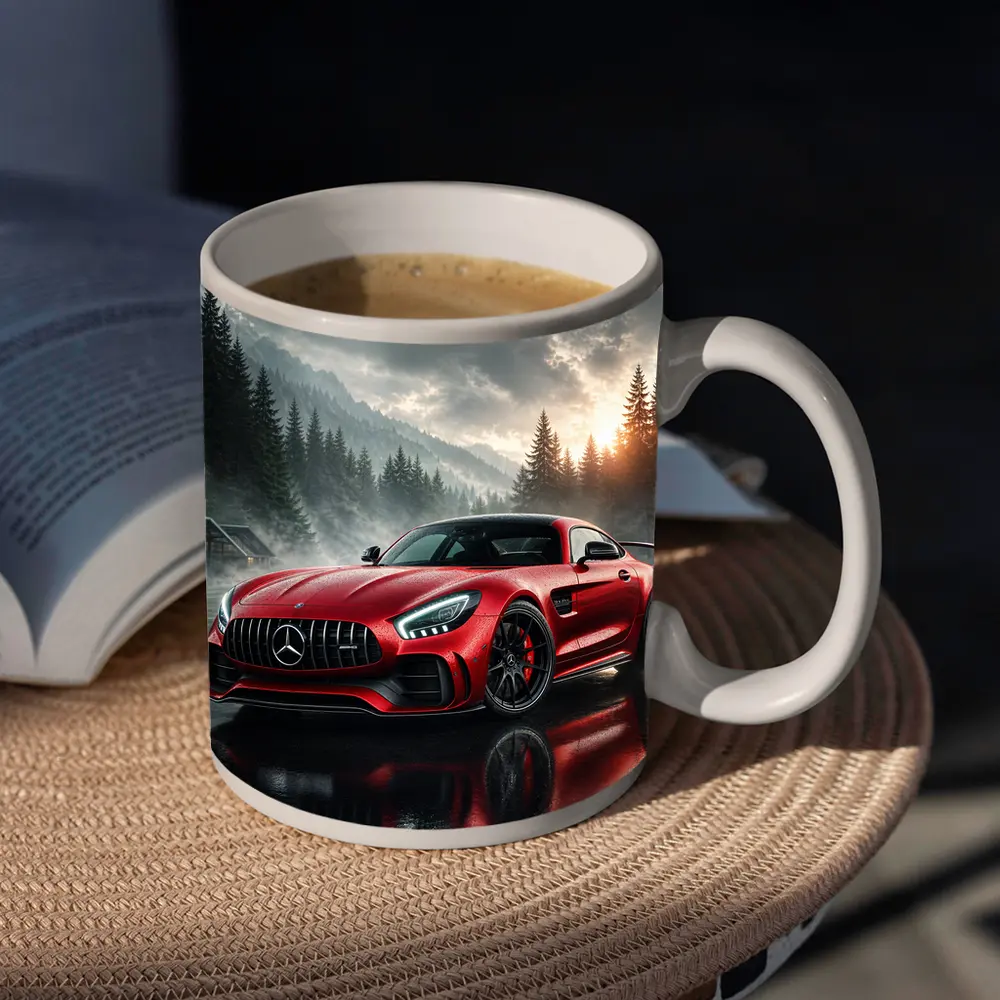 Mercedes AMG GT Red Rainy Mountain Setting – Mugs