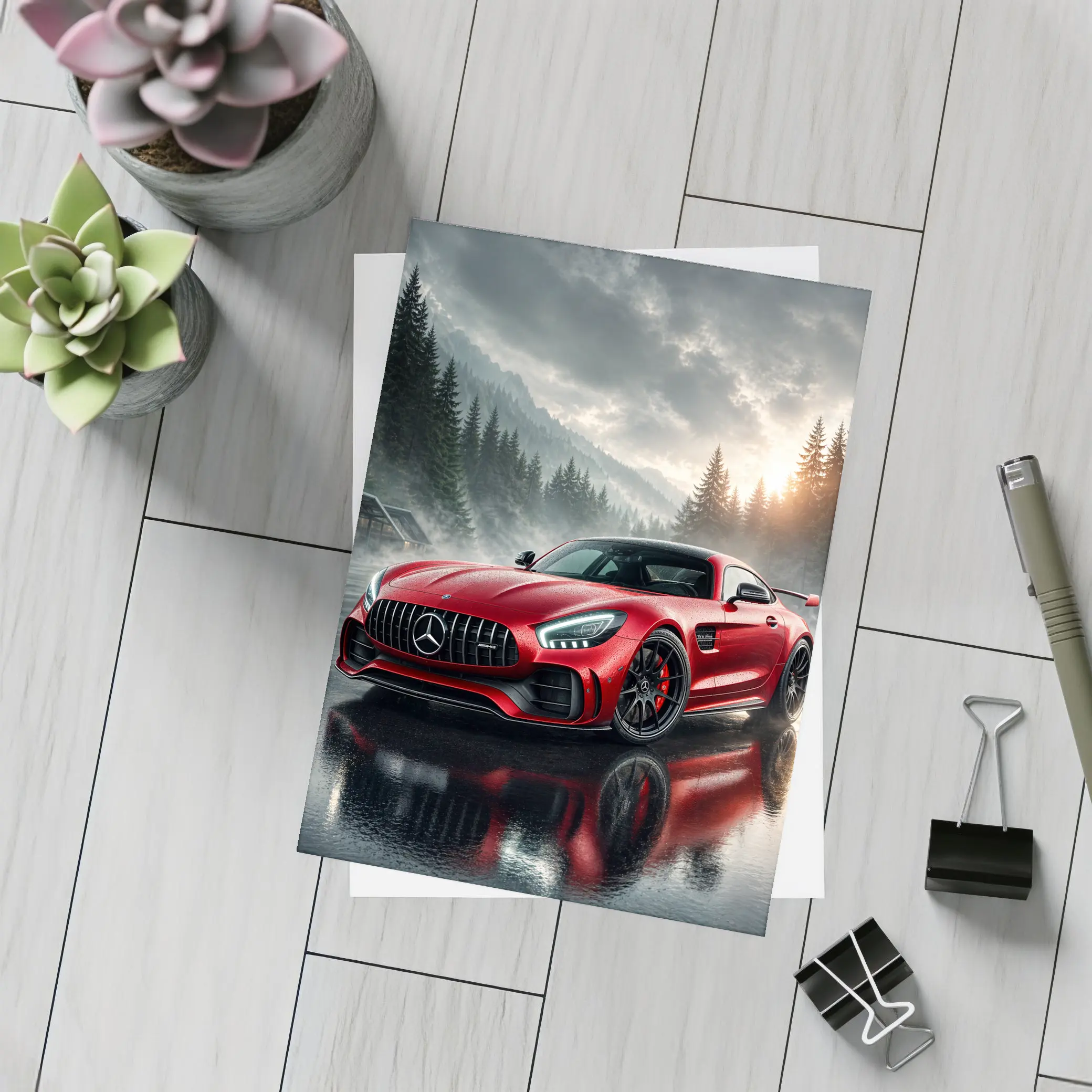 Mercedes AMG GT Red Rainy Mountain Setting – Postcards