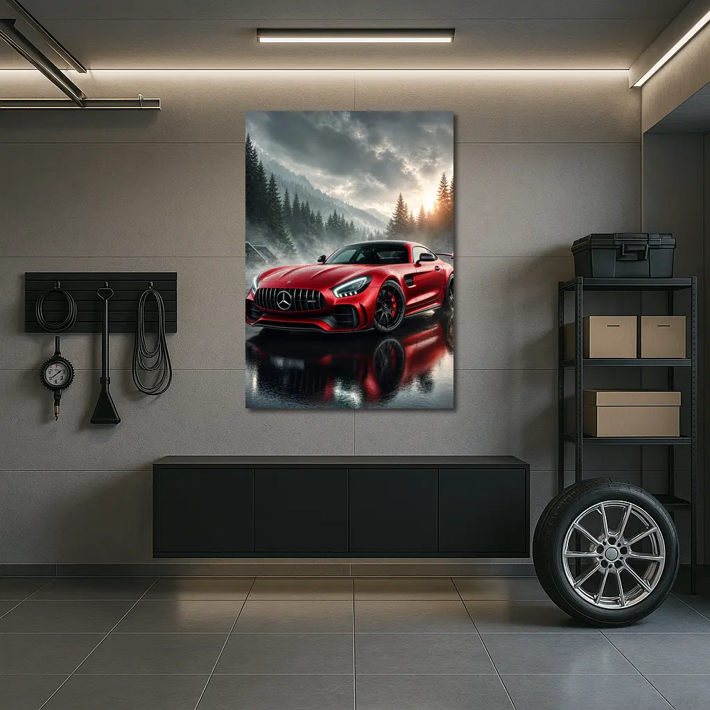 Mercedes AMG GT Red Rainy Mountain Setting – Wall Art