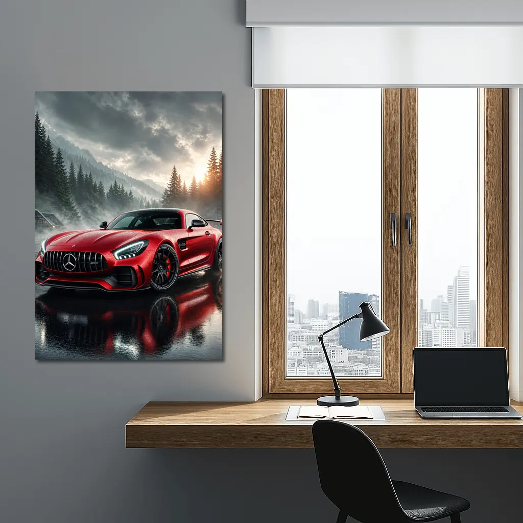Mercedes AMG GT Red Rainy Mountain Setting – Wall Art
