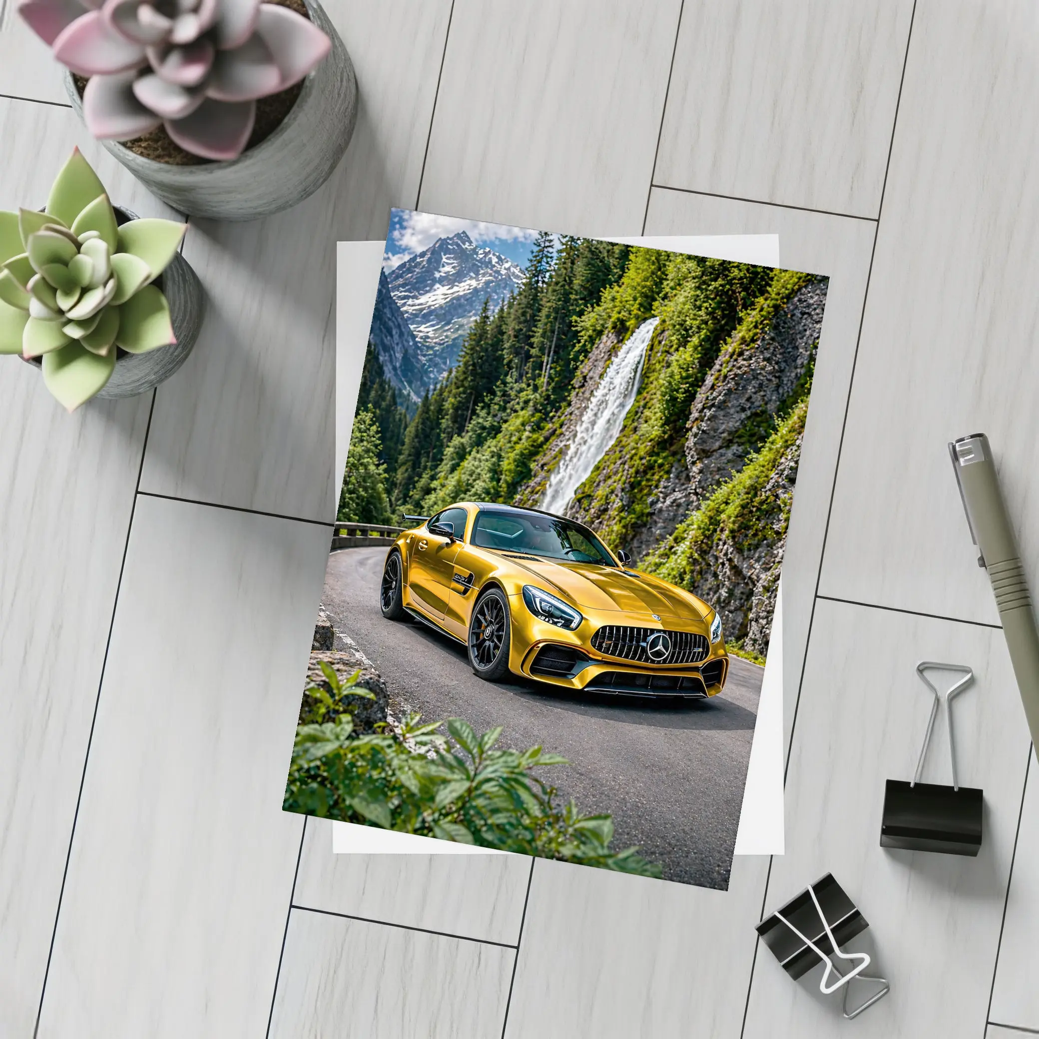 Mercedes AMG GT Gold Mountain Waterfall Road – Postcards