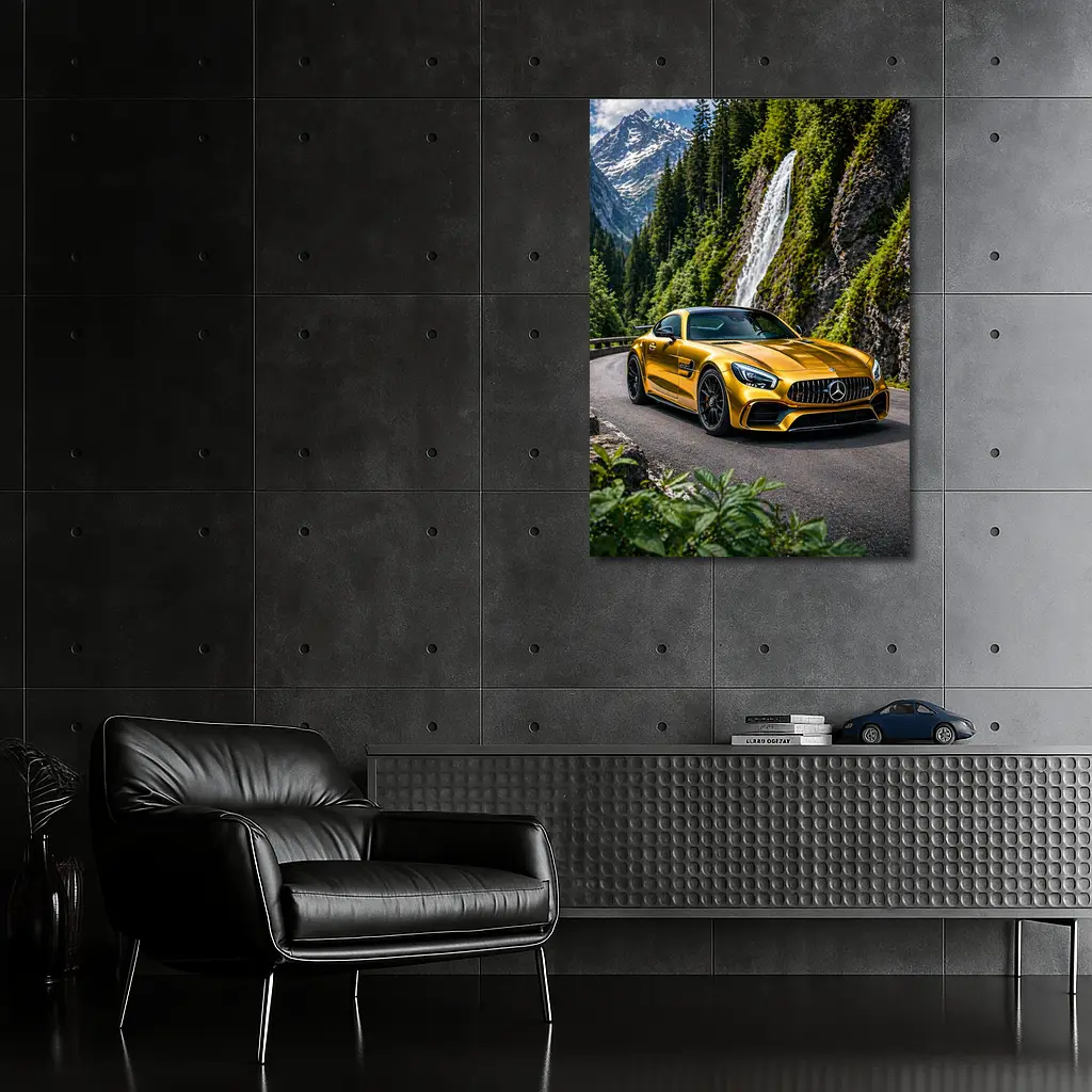 Mercedes AMG GT Gold Mountain Waterfall Road – Wall Art