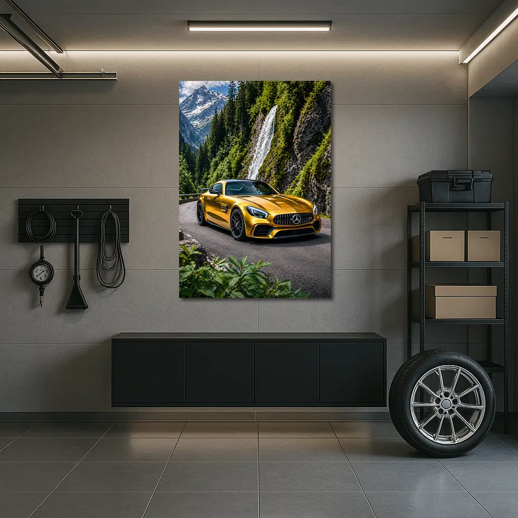 Mercedes AMG GT Gold Mountain Waterfall Road – Wall Art