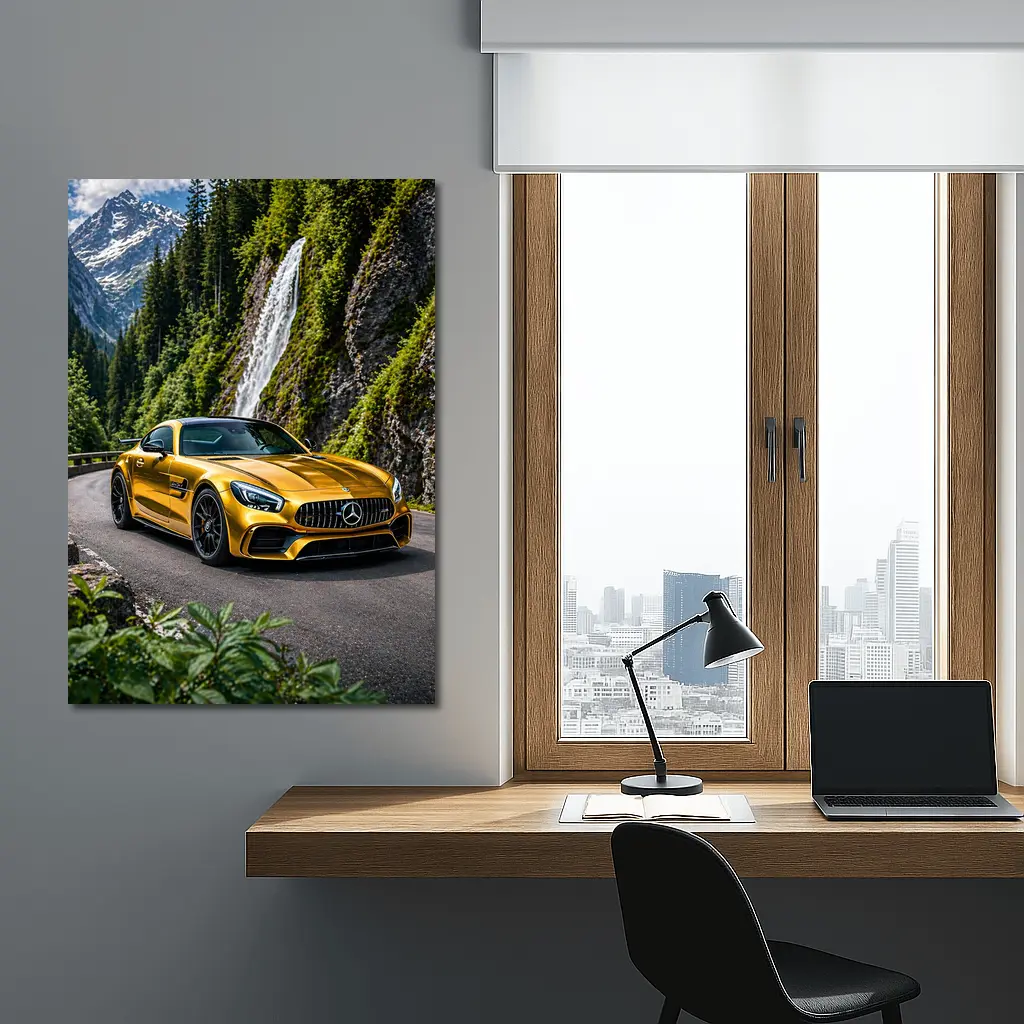 Mercedes AMG GT Gold Mountain Waterfall Road – Wall Art