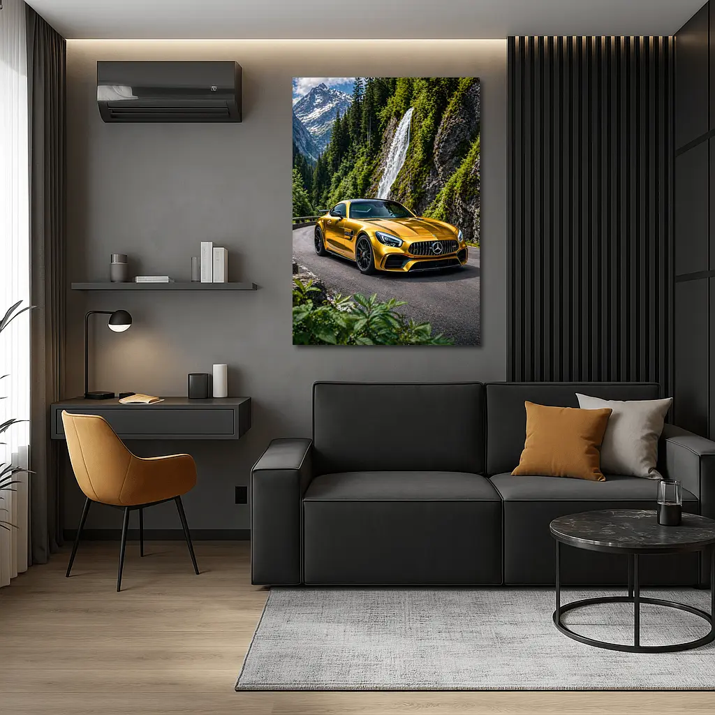 Mercedes AMG GT Gold Mountain Waterfall Road – Wall Art