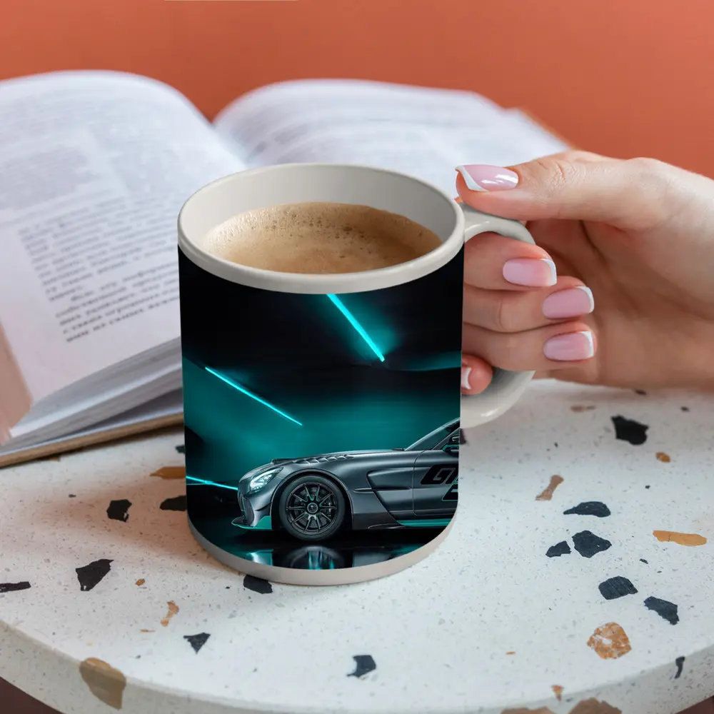Mercedes AMG GT Neon Teal Garage Night – Mugs