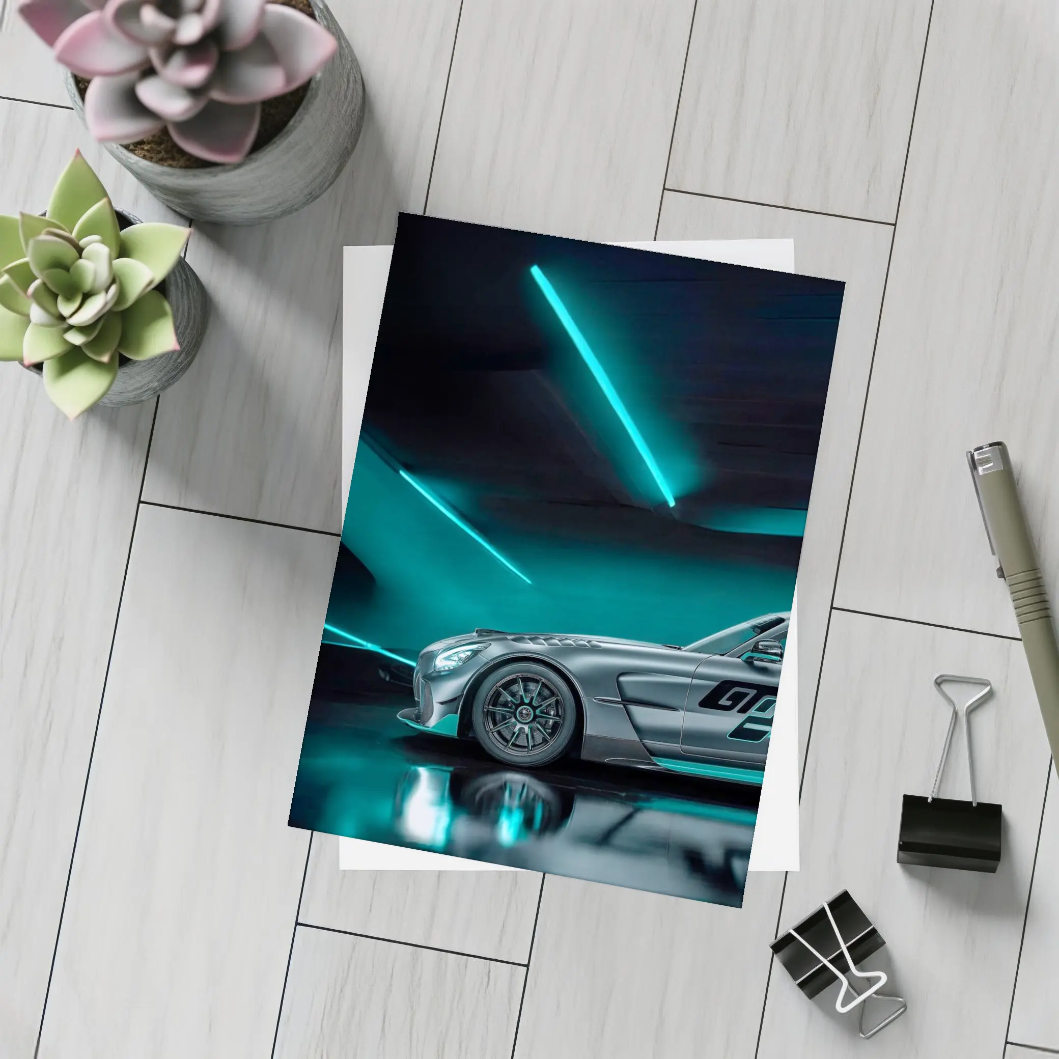 Mercedes AMG GT Neon Teal Garage Night – Postcards