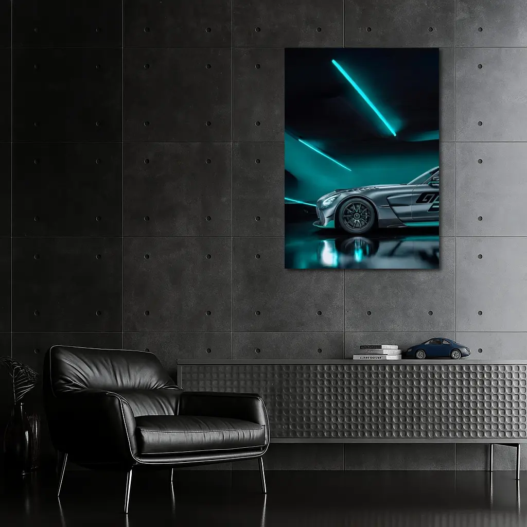 Mercedes AMG GT Neon Teal Garage Night – Wall Art