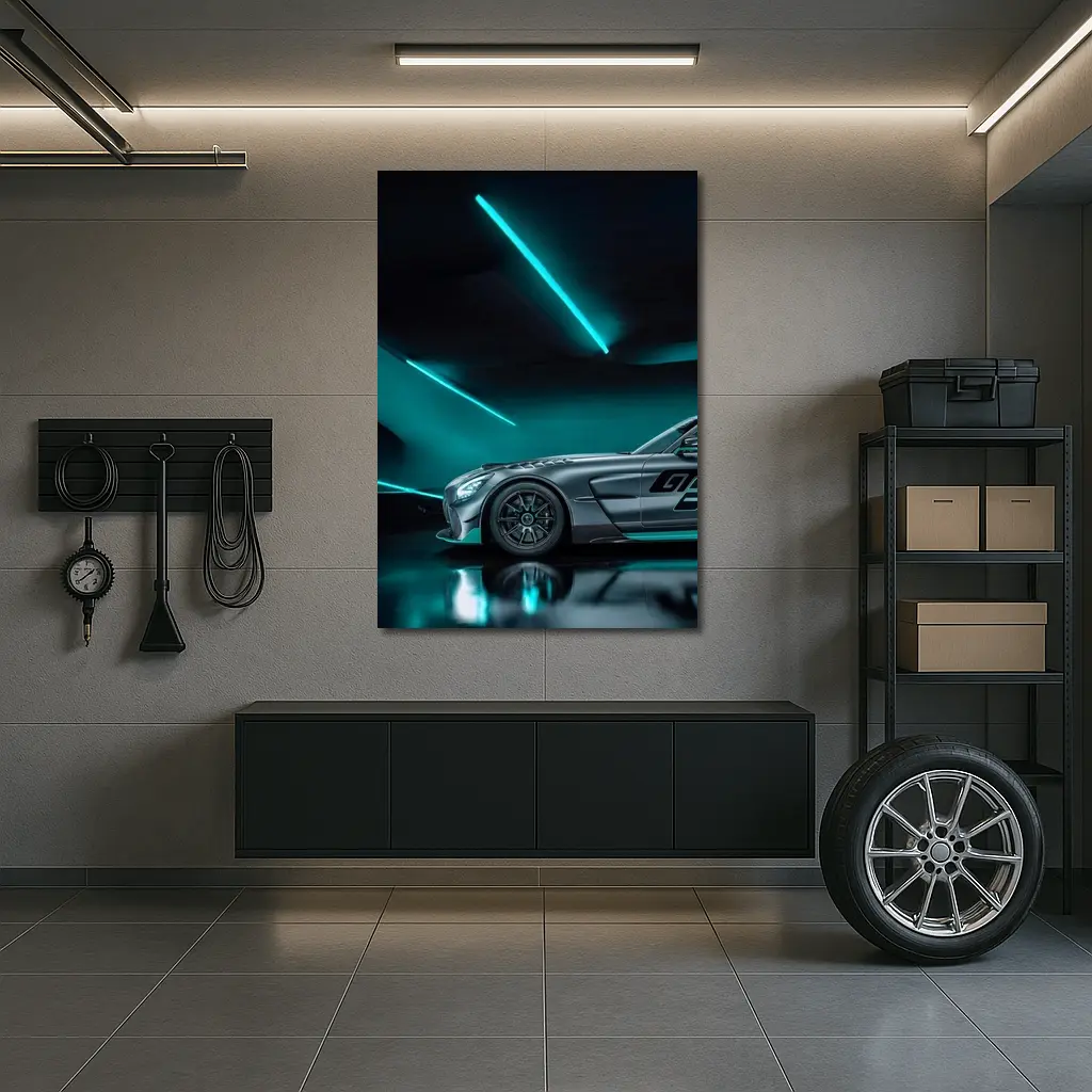 Mercedes AMG GT Neon Teal Garage Night – Wall Art