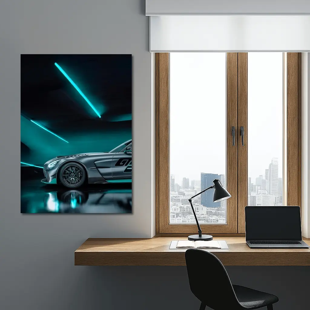 Mercedes AMG GT Neon Teal Garage Night – Wall Art