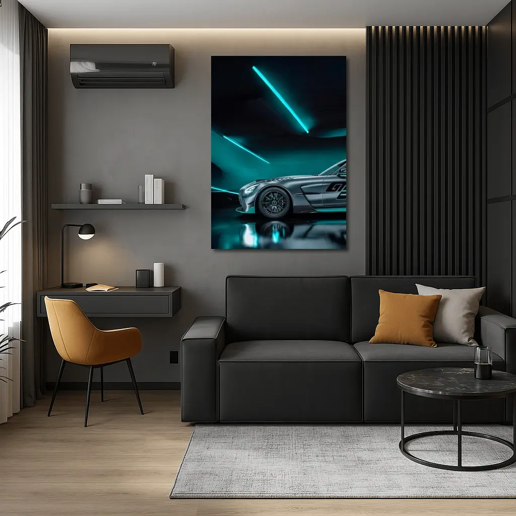 Mercedes AMG GT Neon Teal Garage Night – Wall Art