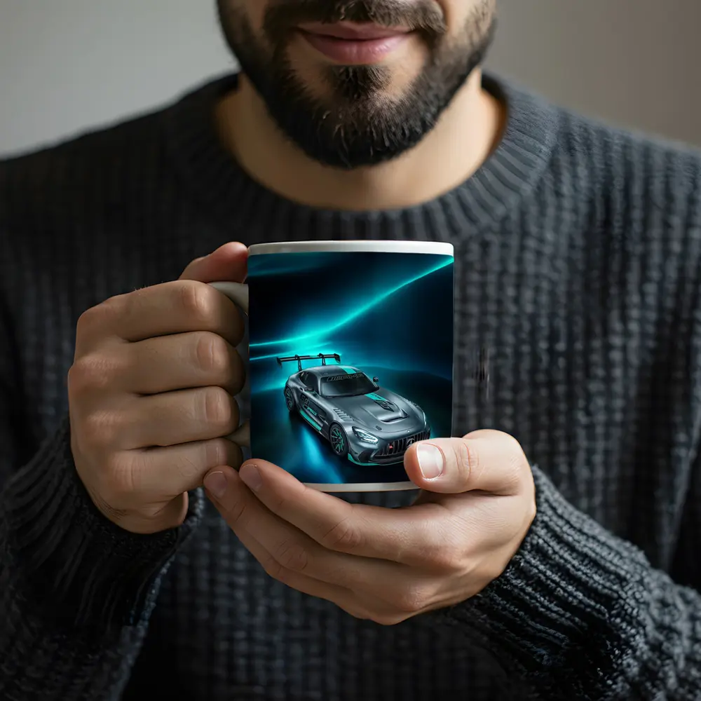 Mercedes AMG GT Neon Teal Glowing Background – Mugs