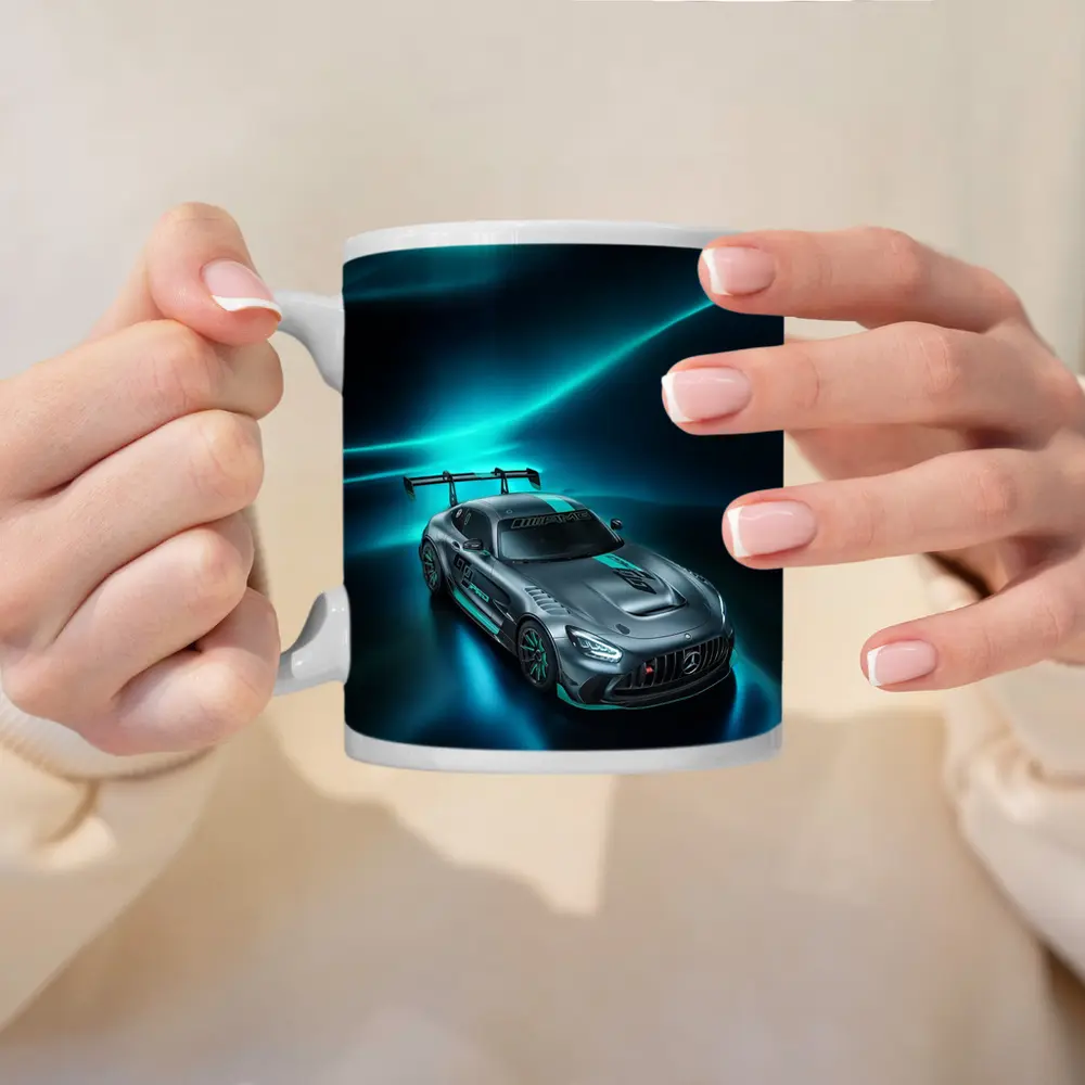 Mercedes AMG GT Neon Teal Glowing Background – Mugs