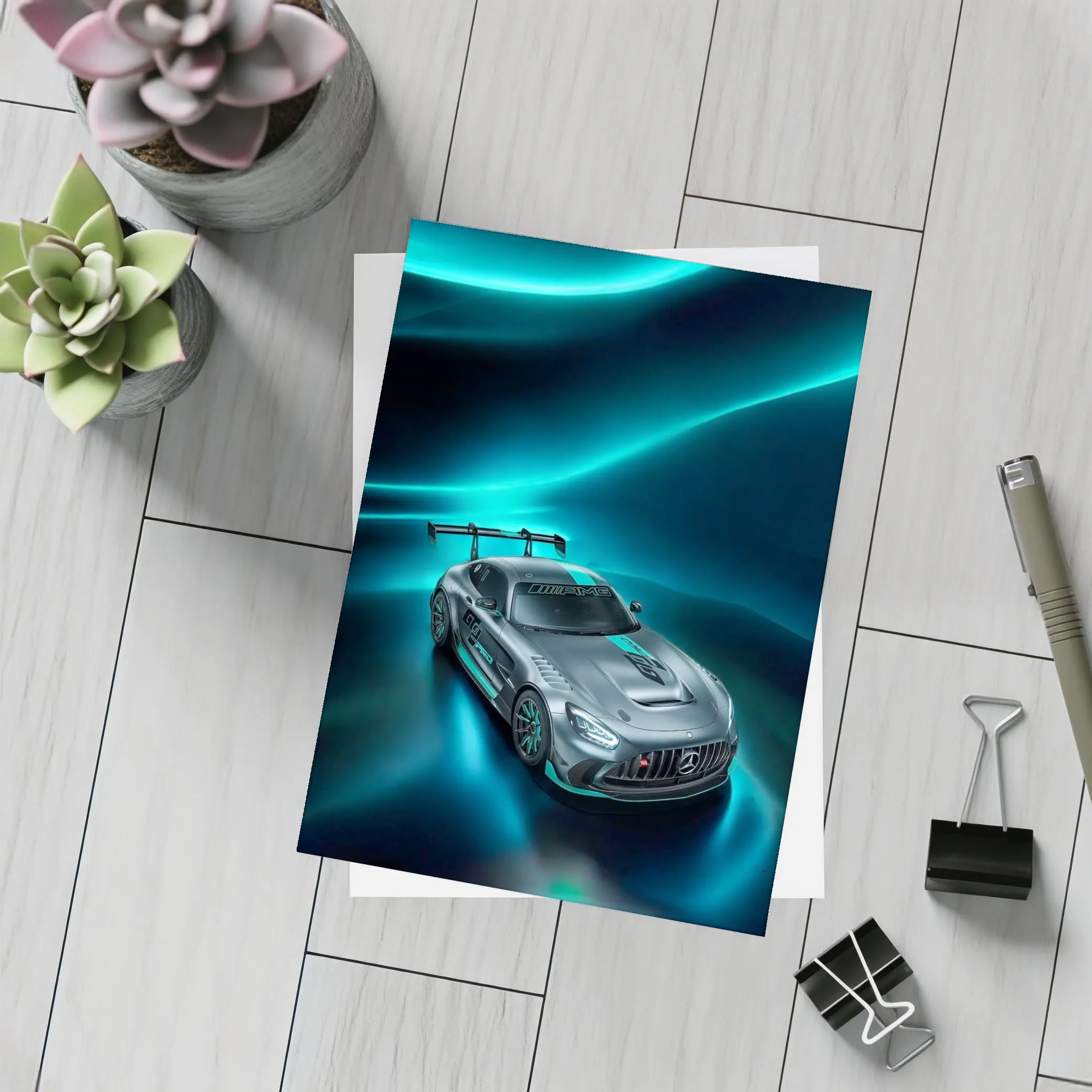 Mercedes AMG GT Neon Teal Glowing Background – Postcards