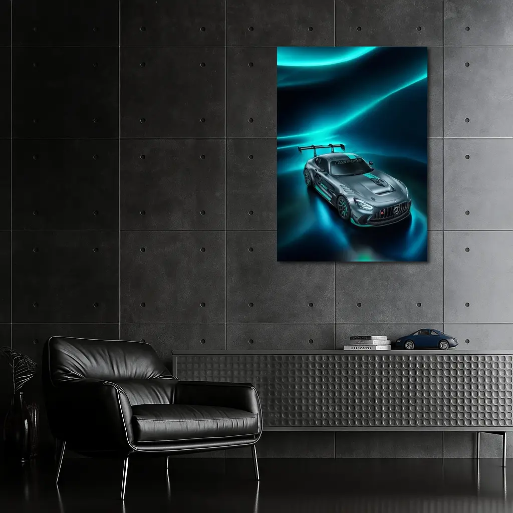 Mercedes AMG GT Neon Teal Glowing Background – Wall Art