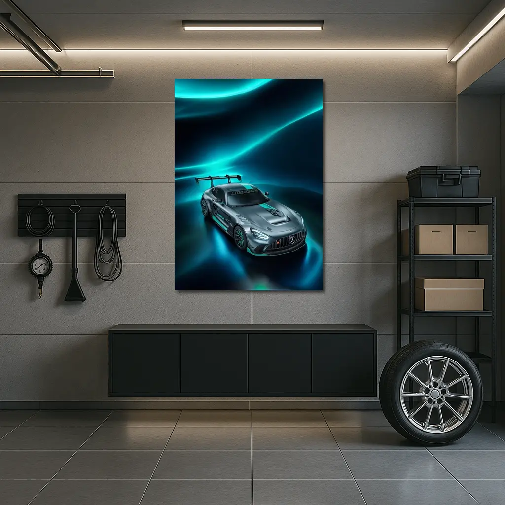 Mercedes AMG GT Neon Teal Glowing Background – Wall Art