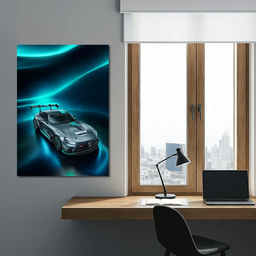 Mercedes AMG GT Neon Teal Glowing Background – Wall Art