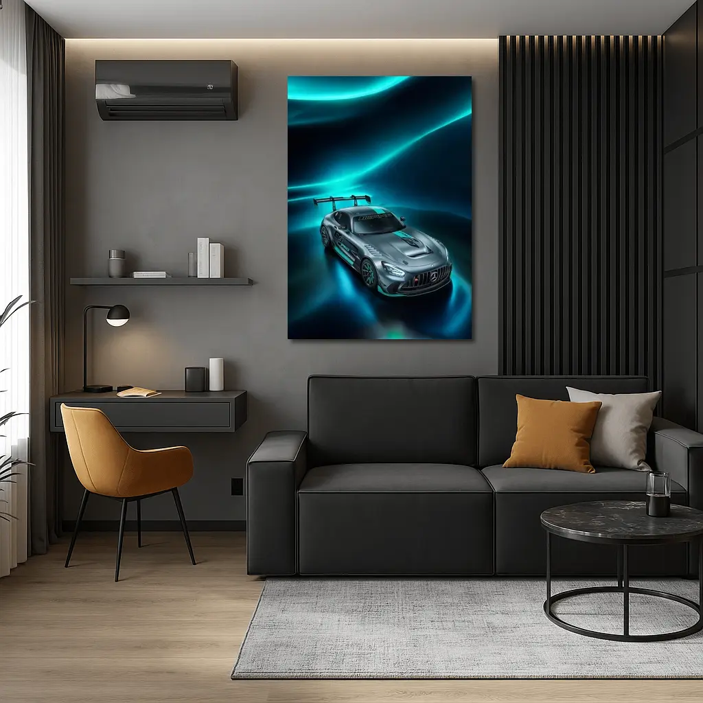 Mercedes AMG GT Neon Teal Glowing Background – Wall Art