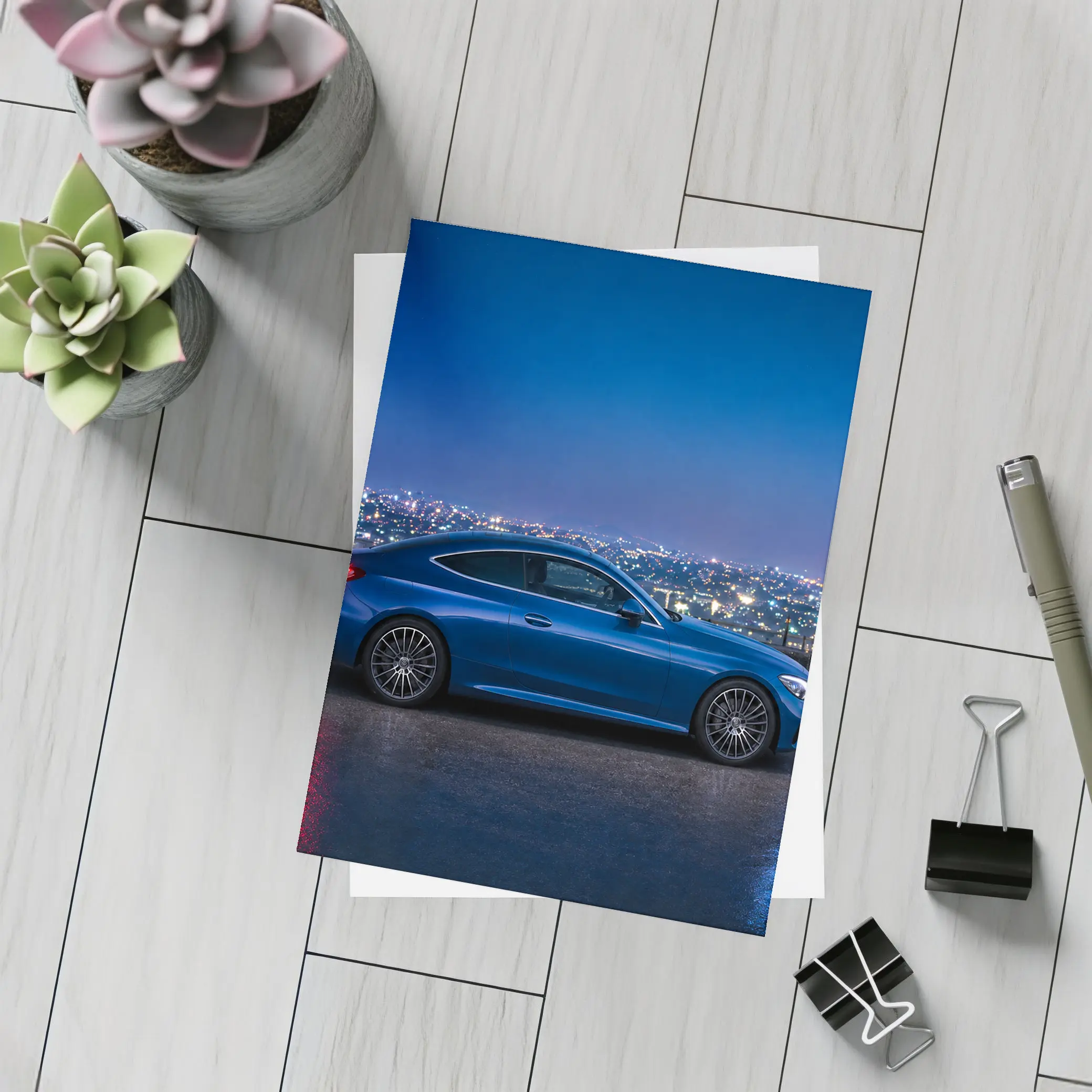 Mercedes C Class Blue Coupe City Night – Postcards