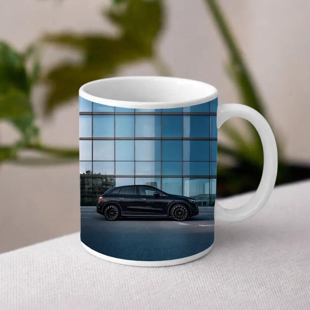 Black Mercedes EQE SUV Glass Building – Mugs