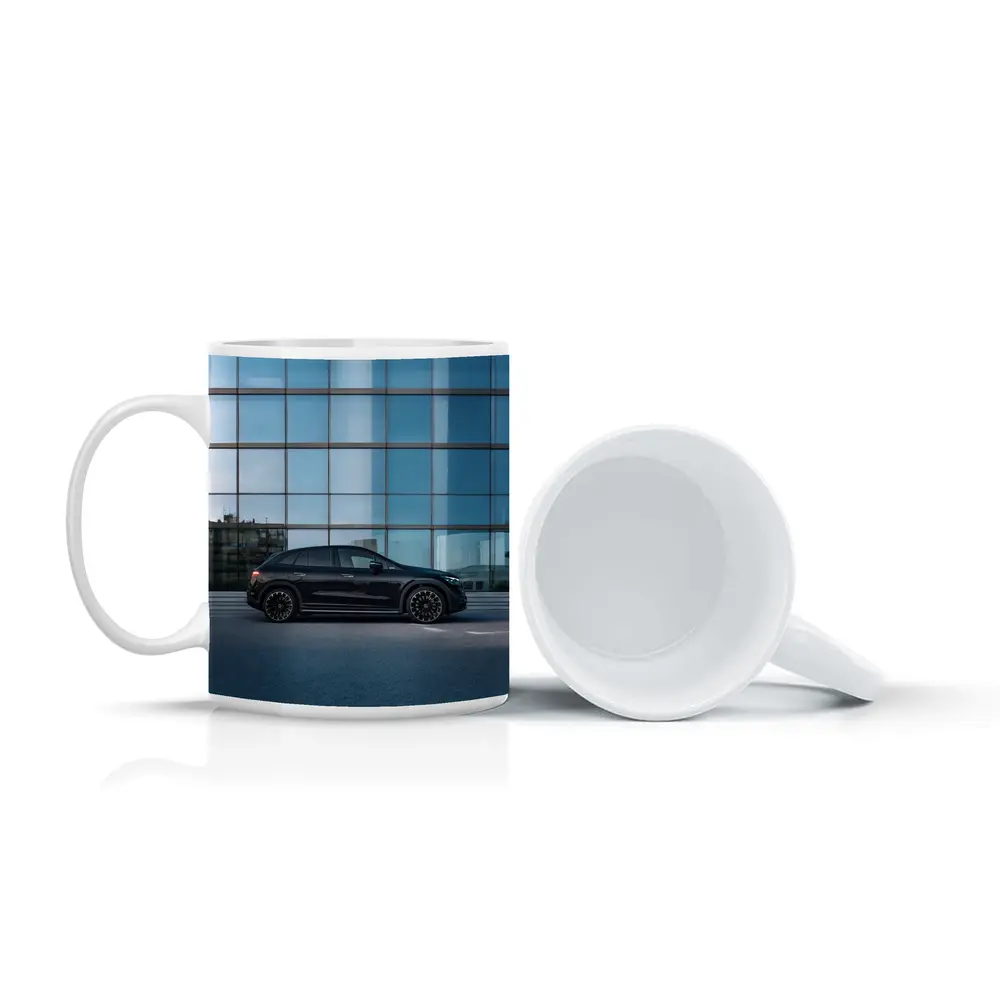 Black Mercedes EQE SUV Glass Building – Mugs