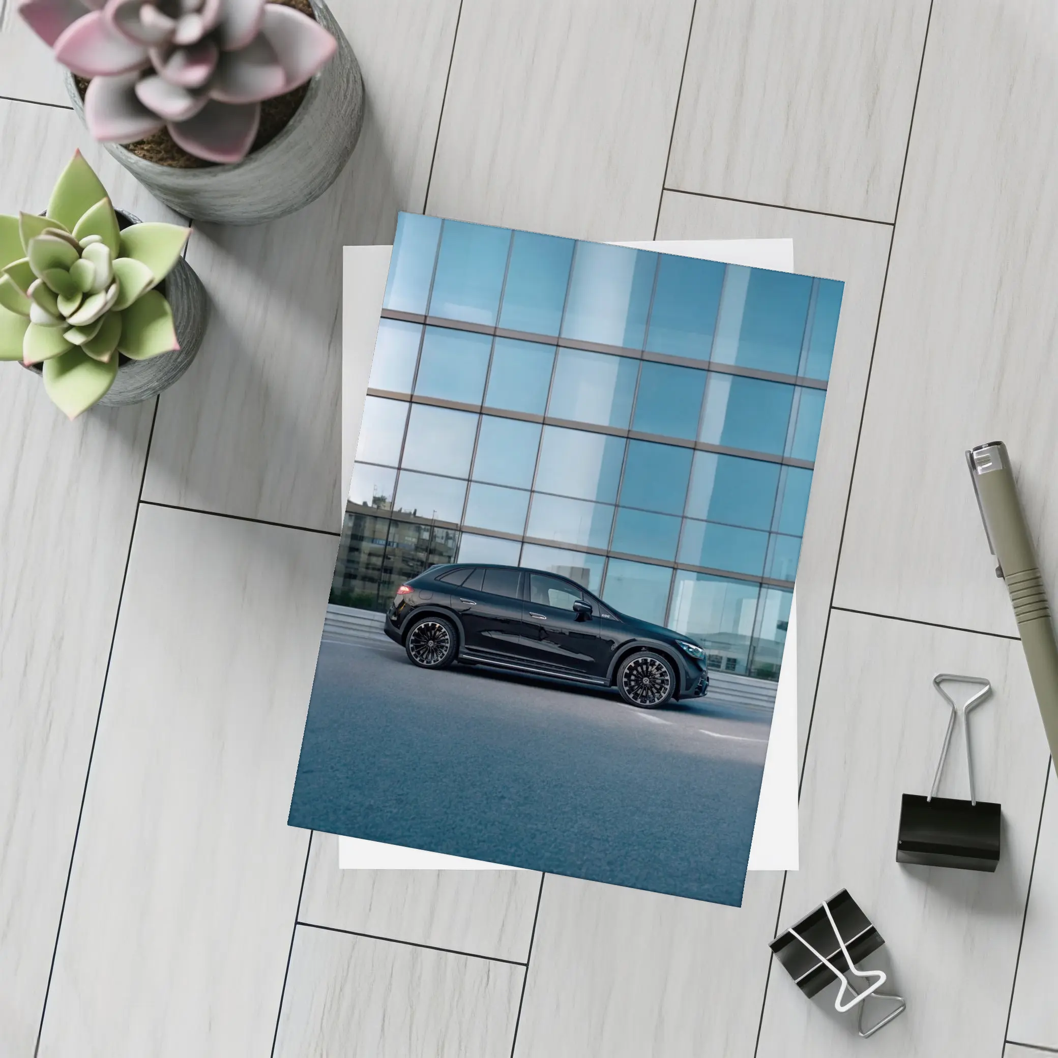 Black Mercedes EQE SUV Glass Building – Postcards