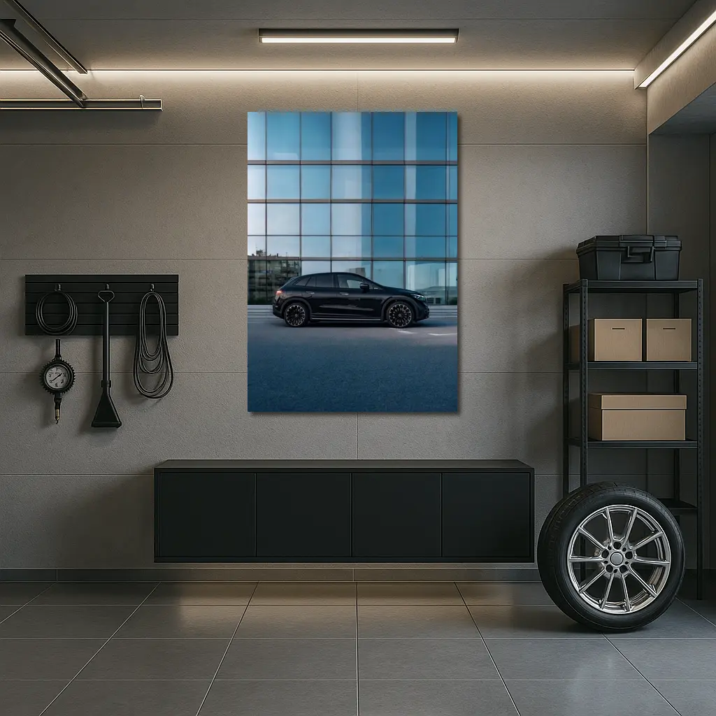 Black Mercedes EQE SUV Glass Building – Wall Art