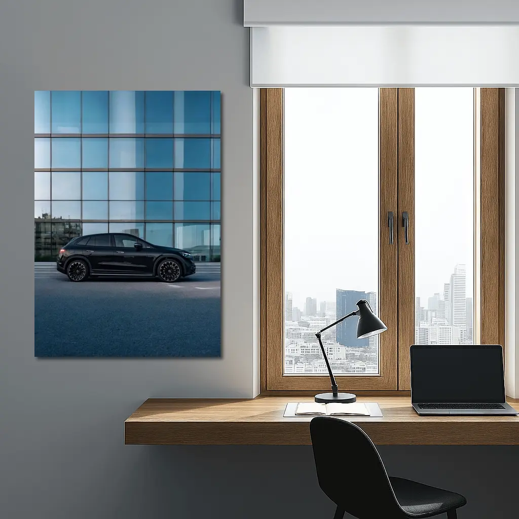 Black Mercedes EQE SUV Glass Building – Wall Art